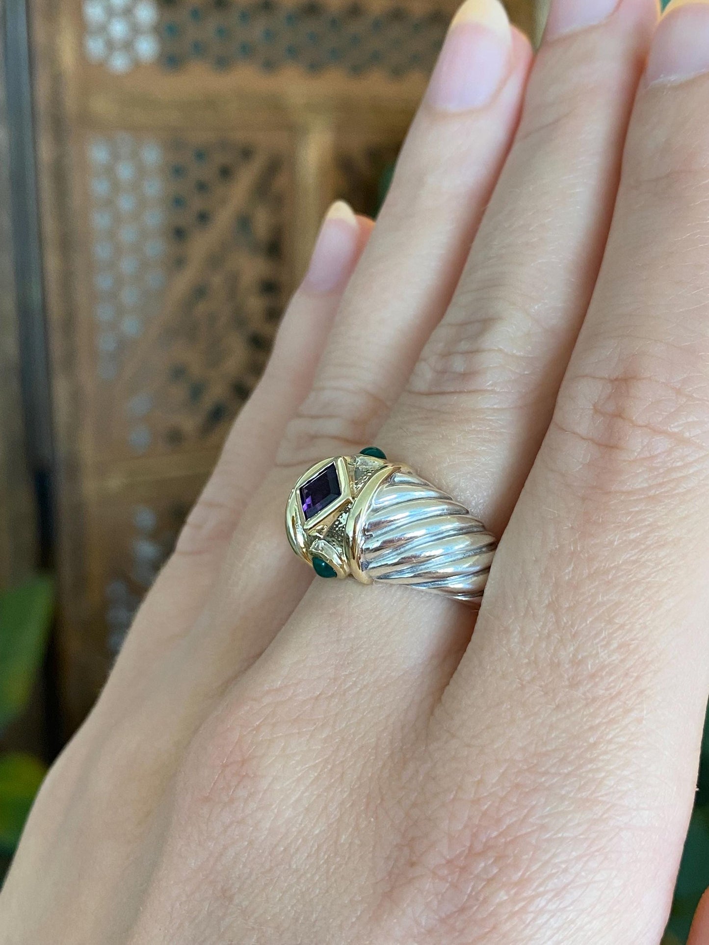 David Yurman Solid Sterling Silver & 14k Yellow Gold Amethyst Green Chalcedony Cabochon Ring Band - Size 6