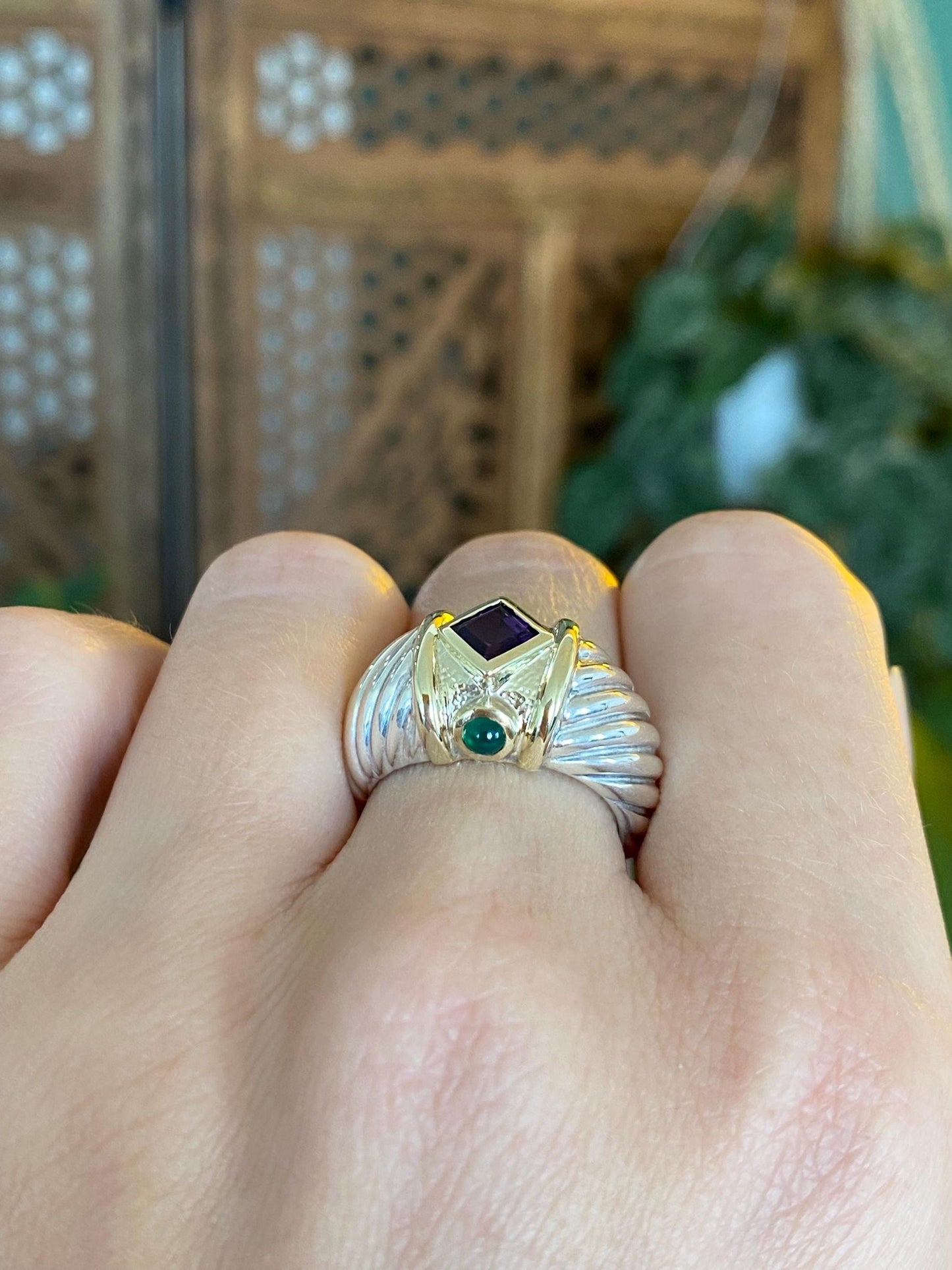 David Yurman Solid Sterling Silver & 14k Yellow Gold Amethyst Green Chalcedony Cabochon Ring Band - Size 6