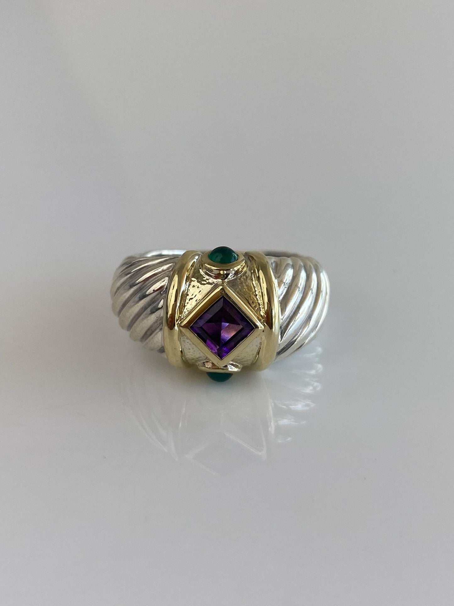David Yurman Solid Sterling Silver & 14k Yellow Gold Amethyst Green Chalcedony Cabochon Ring Band - Size 6