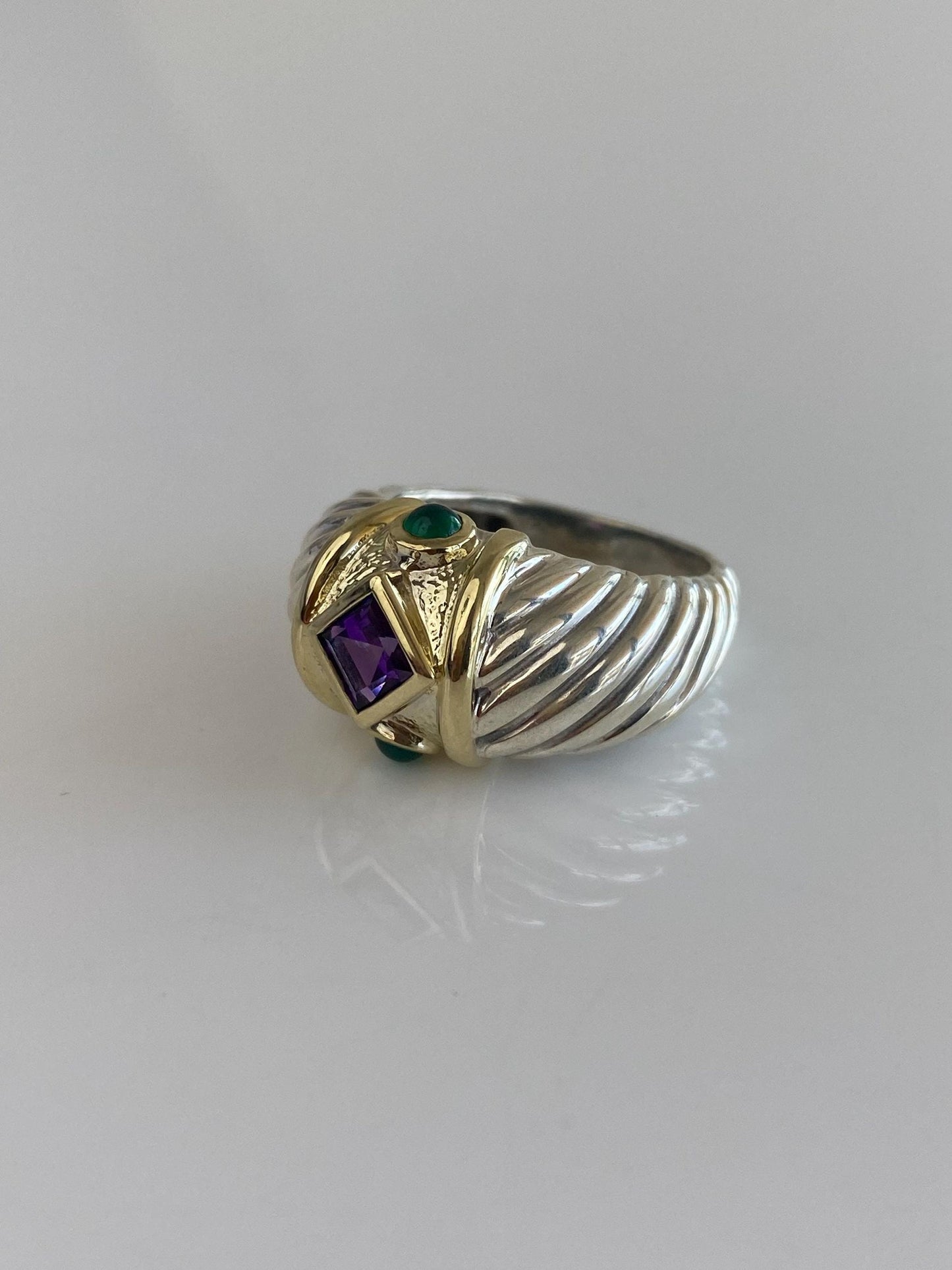 David Yurman Solid Sterling Silver & 14k Yellow Gold Amethyst Green Chalcedony Cabochon Ring Band - Size 6