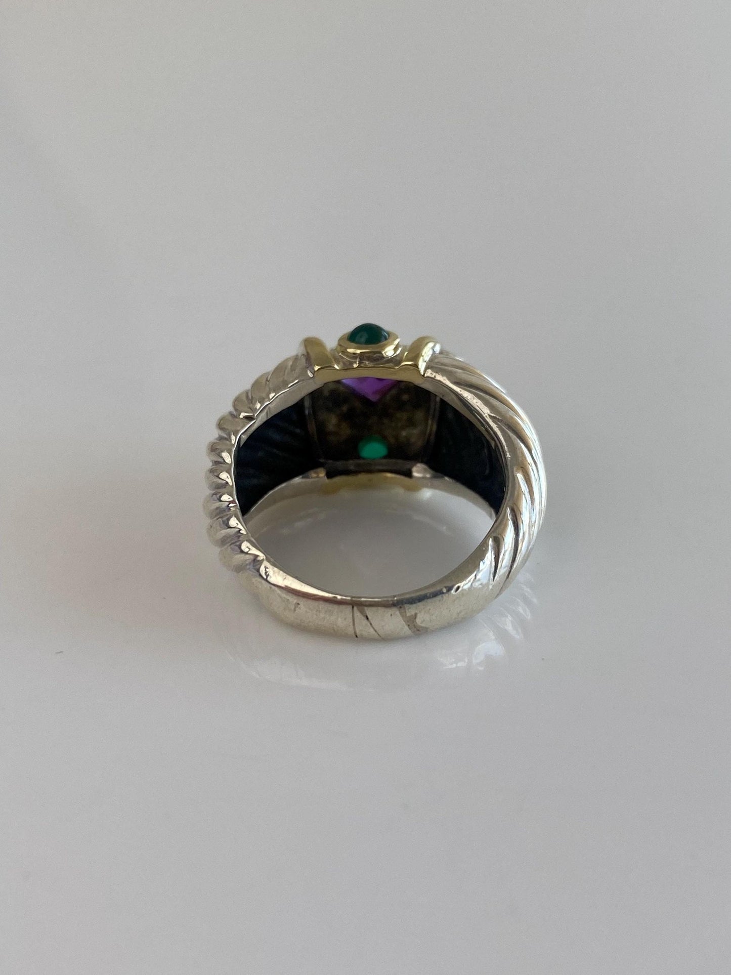 David Yurman Solid Sterling Silver & 14k Yellow Gold Amethyst Green Chalcedony Cabochon Ring Band - Size 6