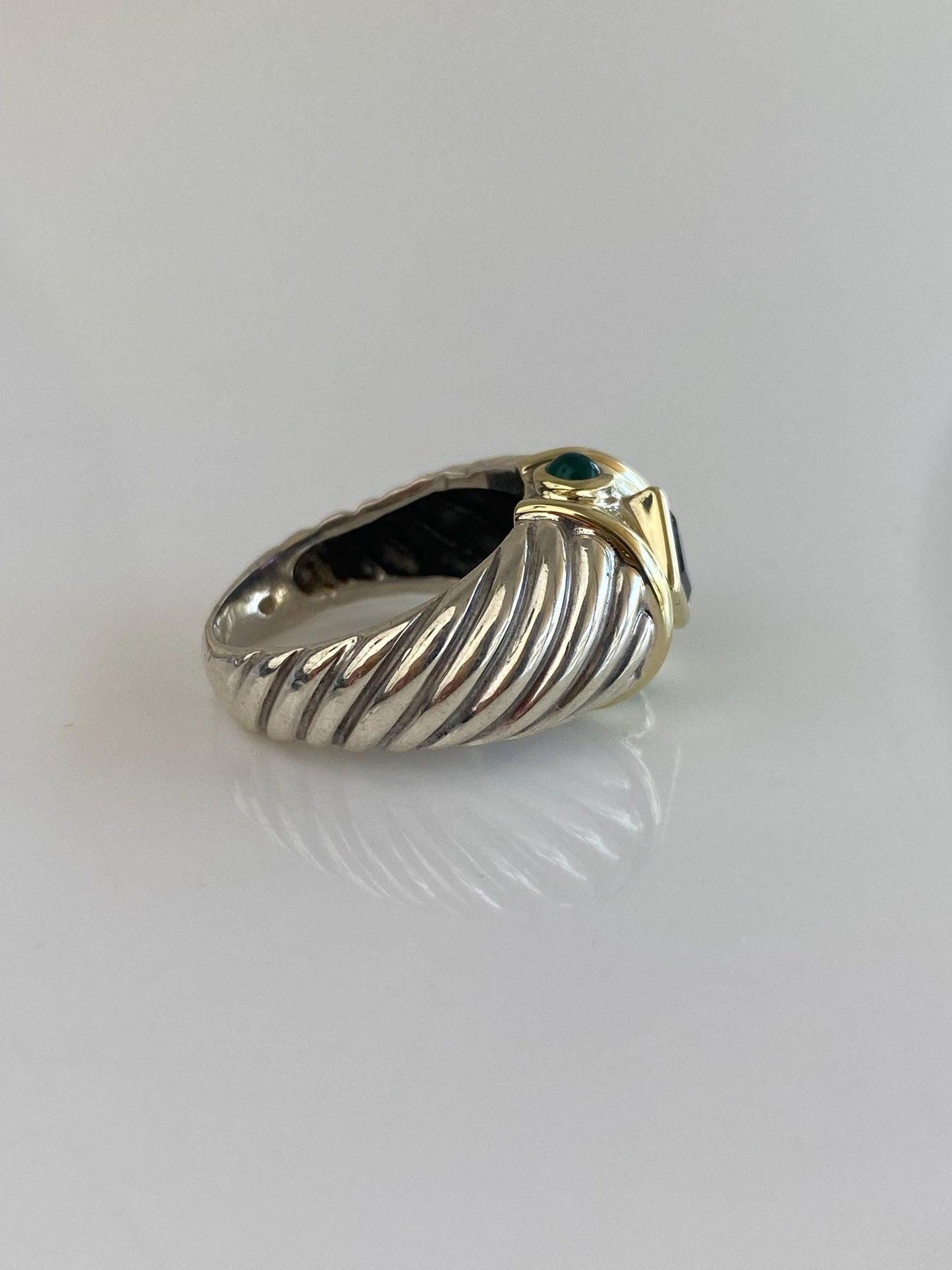 David Yurman Solid Sterling Silver & 14k Yellow Gold Amethyst Green Chalcedony Cabochon Ring Band - Size 6