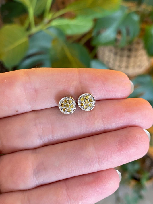 Vintage Solid 14k White Gold Yellow Diamond Studs