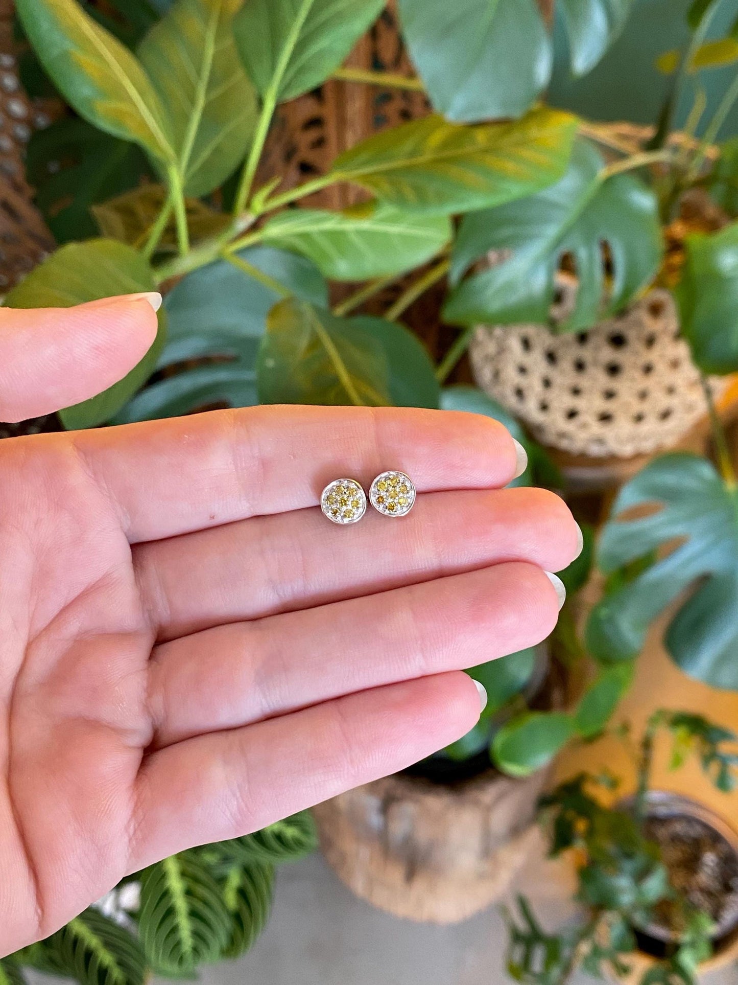 Vintage Solid 14k White Gold Yellow Diamond Studs