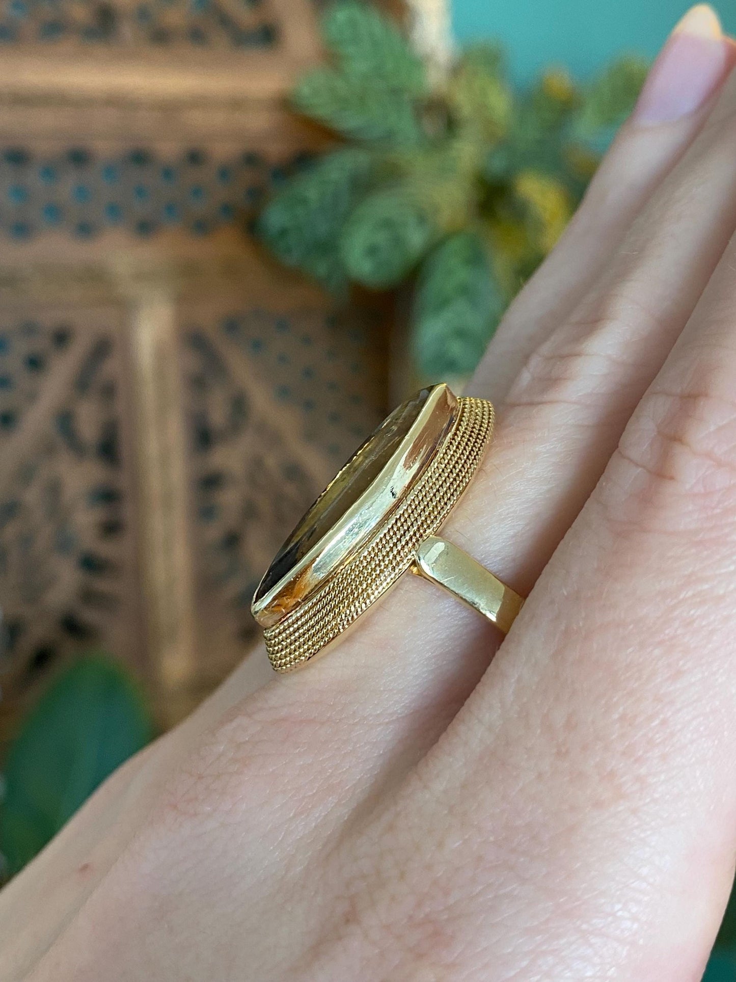 Vintage Solid 18k Yellow Gold Smokey Quartz Marquis Ring - Size 8.75