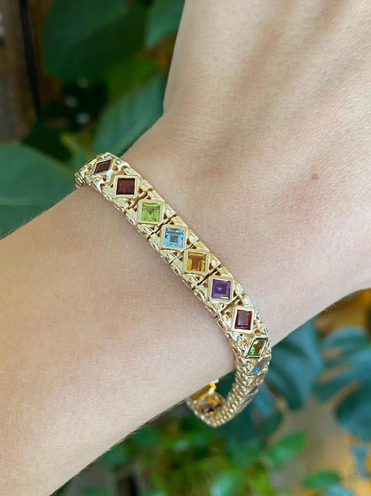 Vintage Solid 14k Yellow Gold Amethyst Citrine Topaz Garnet Peridot Link Bracelet - 7.75 inches