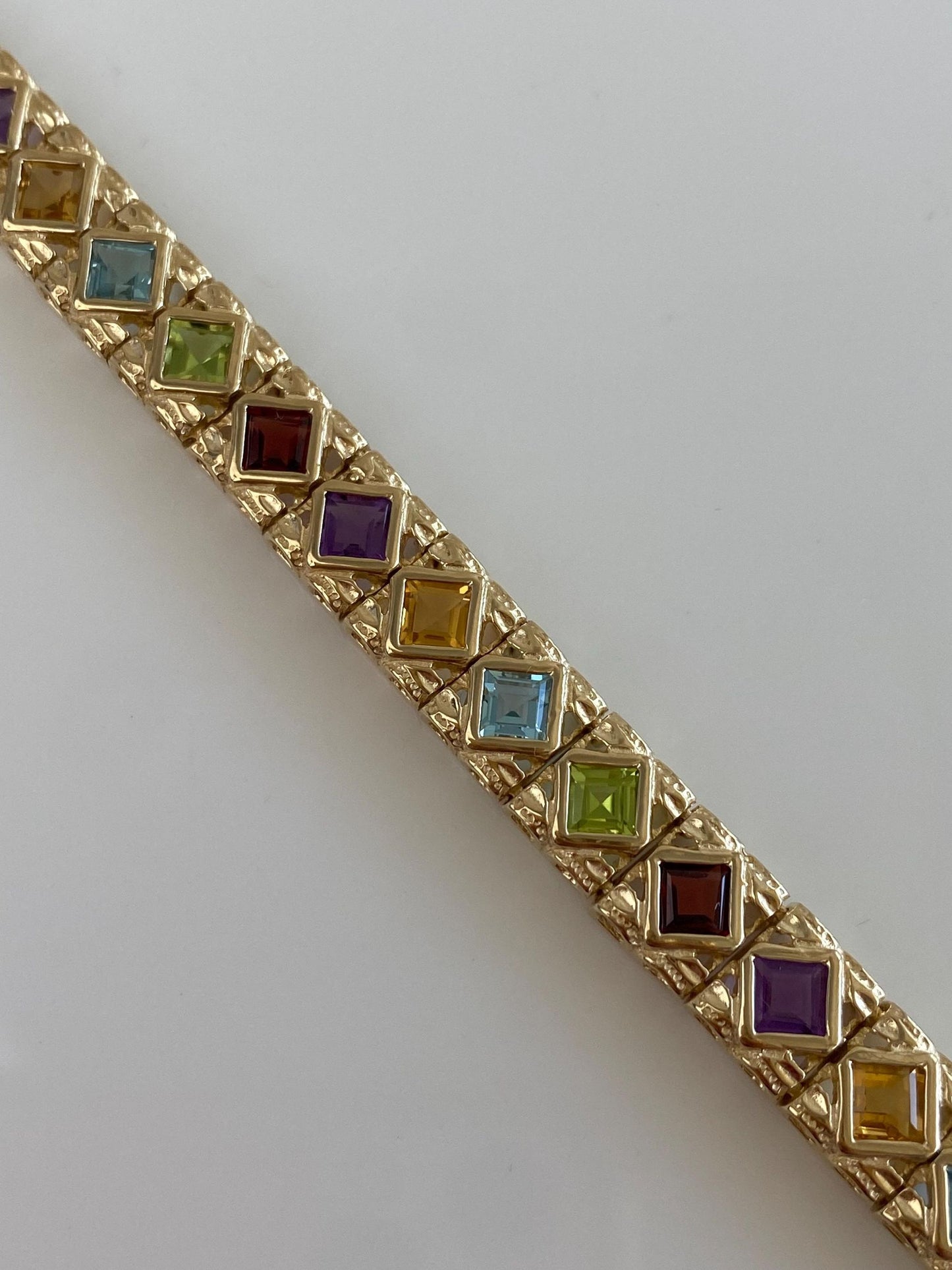 Vintage Solid 14k Yellow Gold Amethyst Citrine Topaz Garnet Peridot Link Bracelet - 7.75 inches