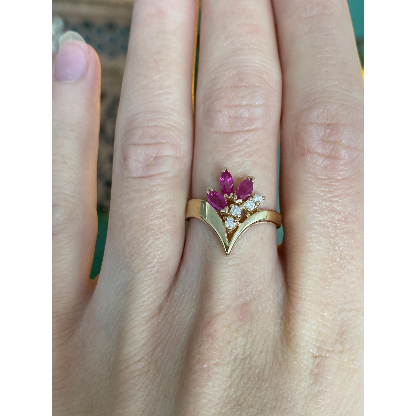 Solid 14k Yellow Gold Diamond Ruby Ring - Size 6.5