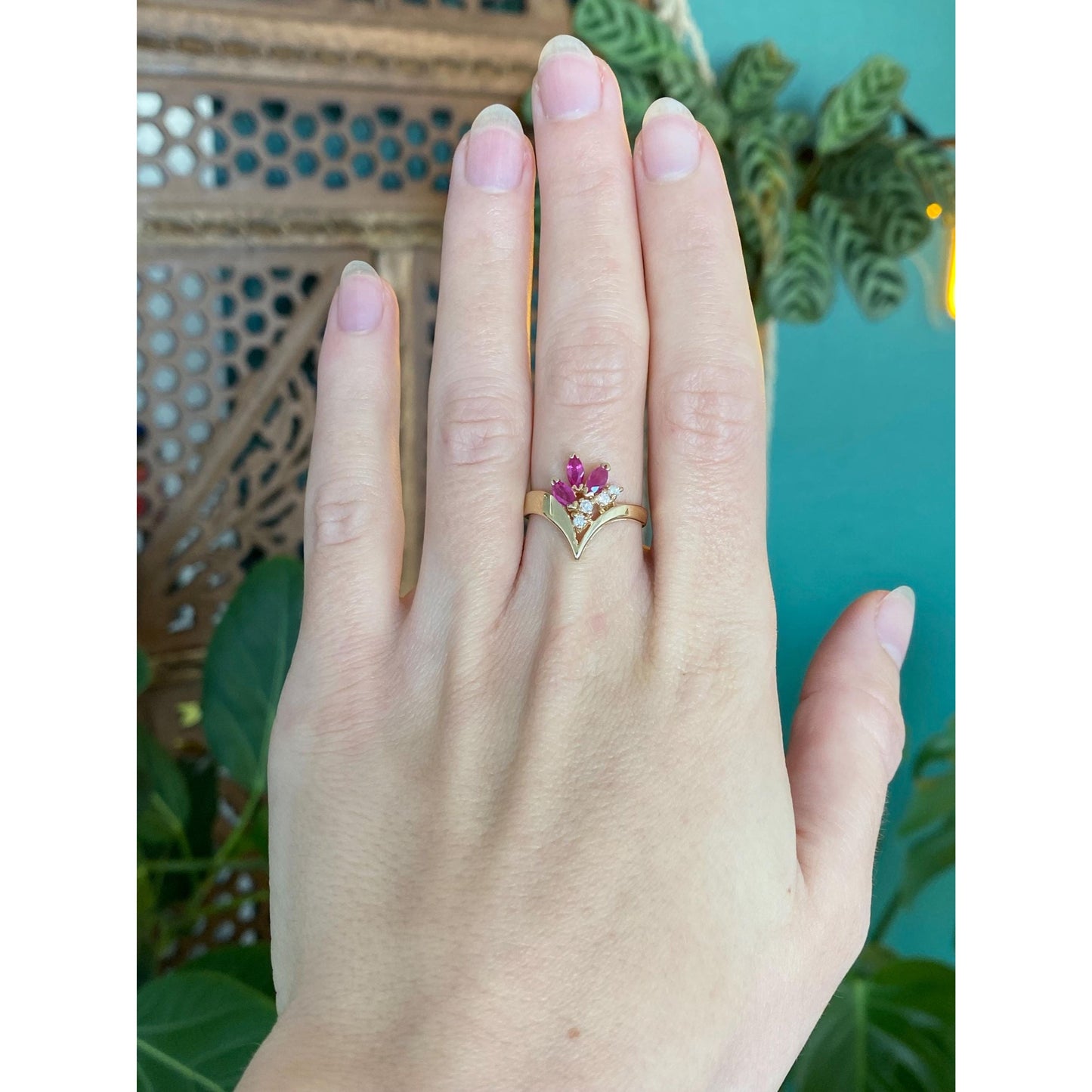 Solid 14k Yellow Gold Diamond Ruby Ring - Size 6.5