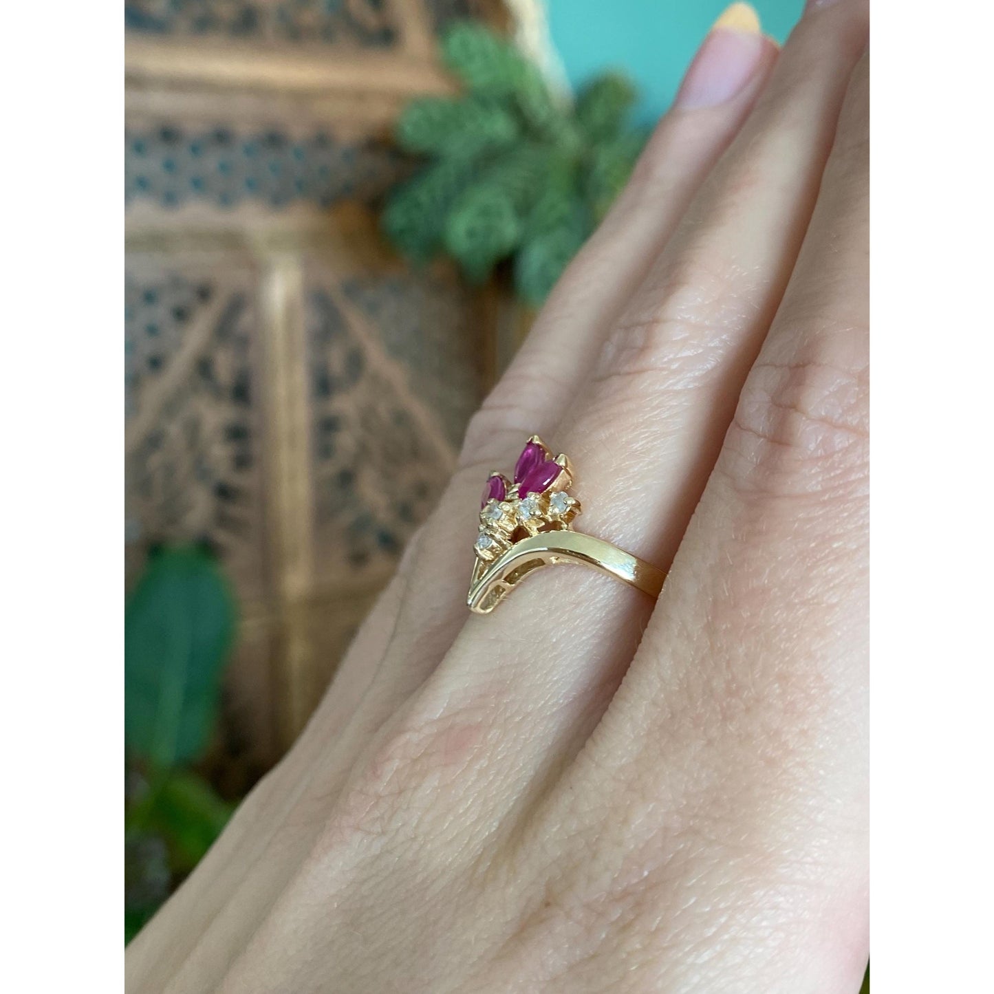 Solid 14k Yellow Gold Diamond Ruby Ring - Size 6.5