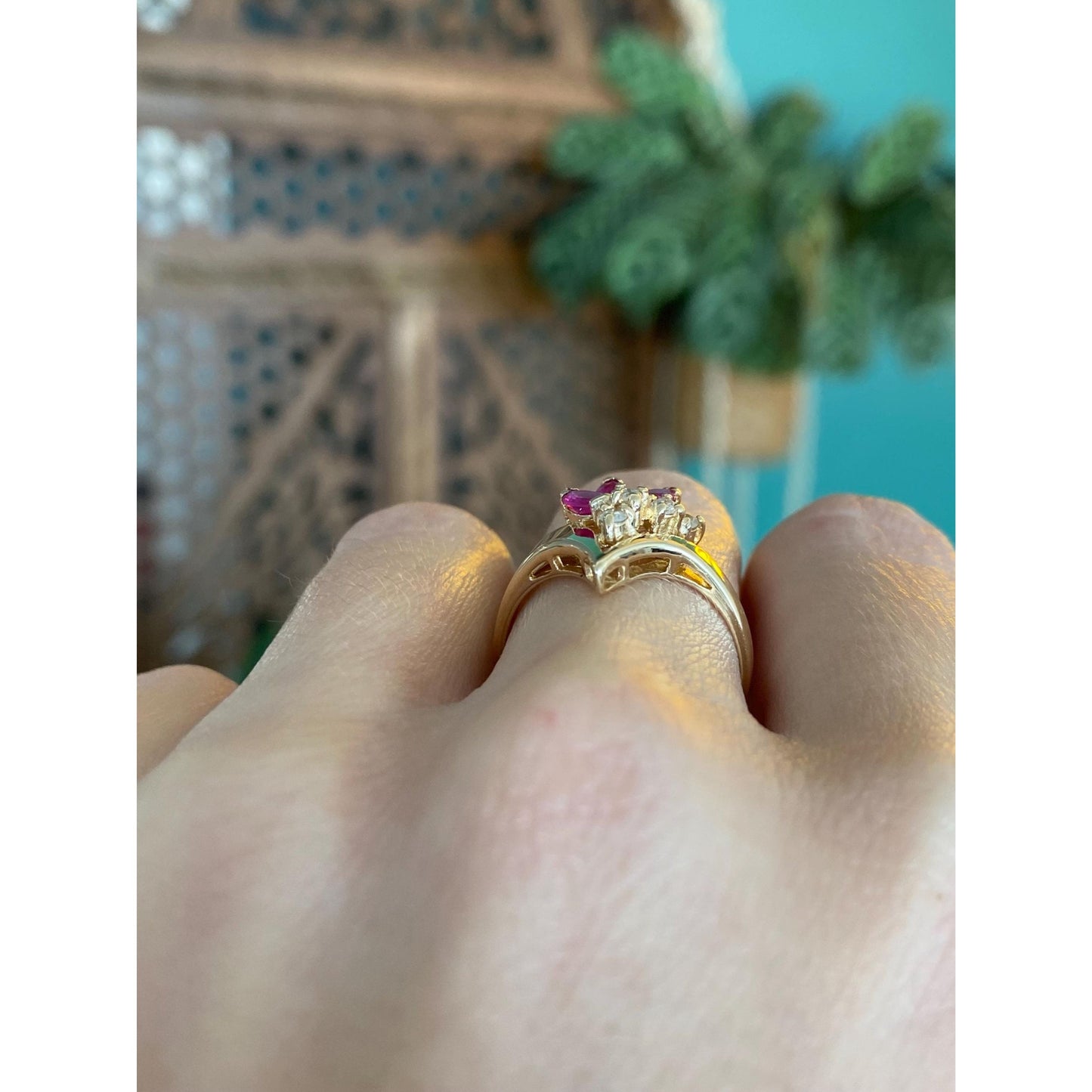 Solid 14k Yellow Gold Diamond Ruby Ring - Size 6.5