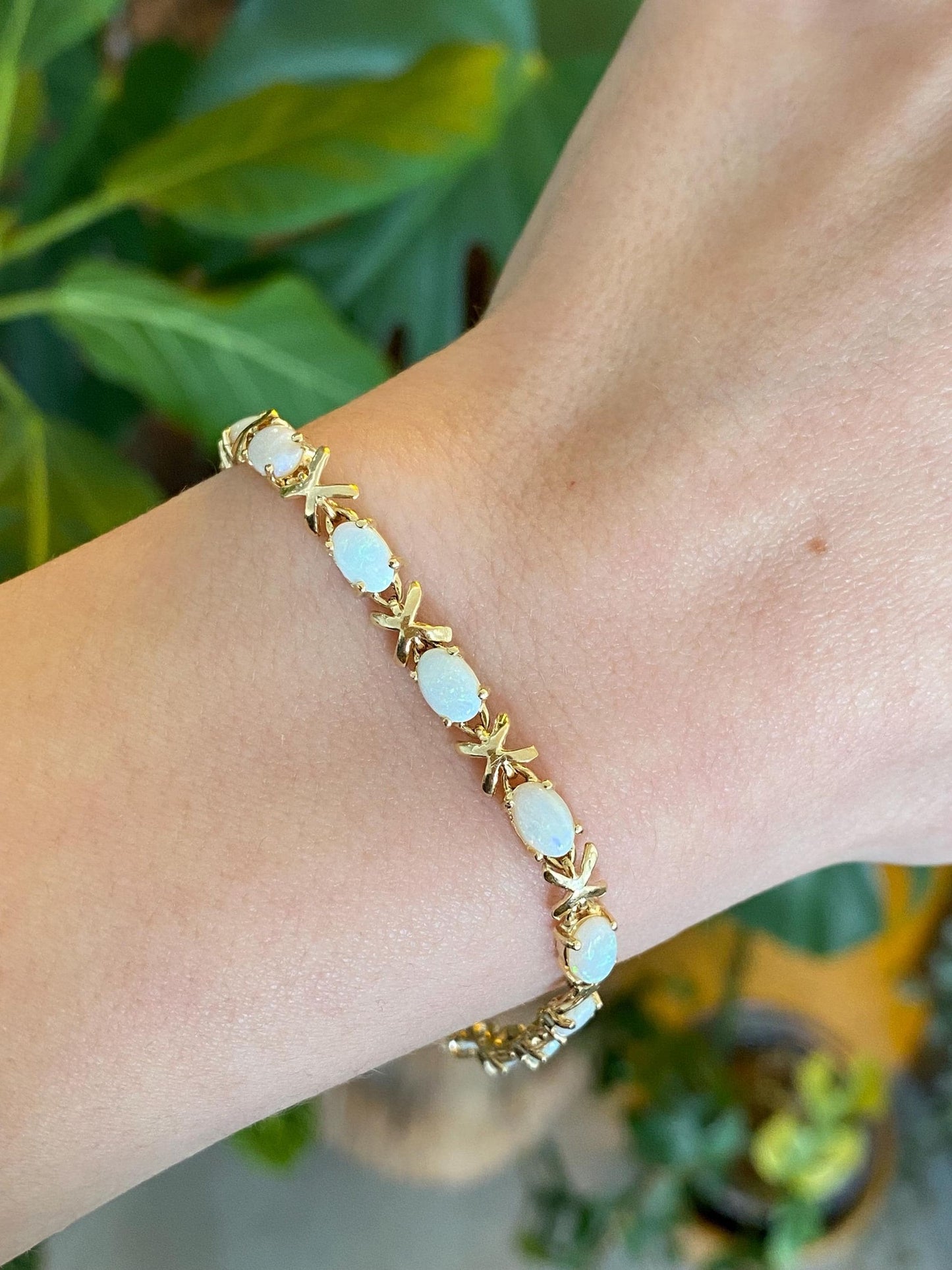 Vintage Solid 14k Yellow Gold Opal X Link Bracelet - 7.25 inches