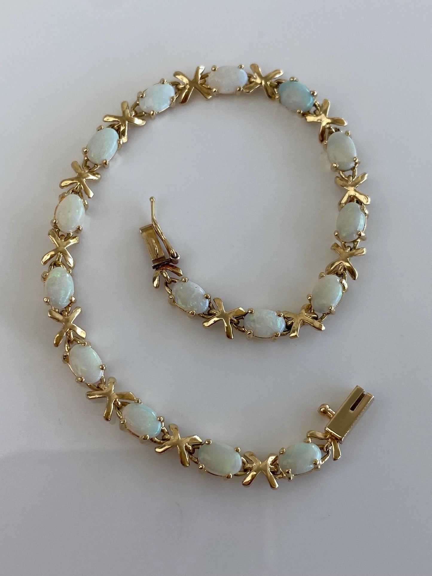Vintage Solid 14k Yellow Gold Opal X Link Bracelet - 7.25 inches