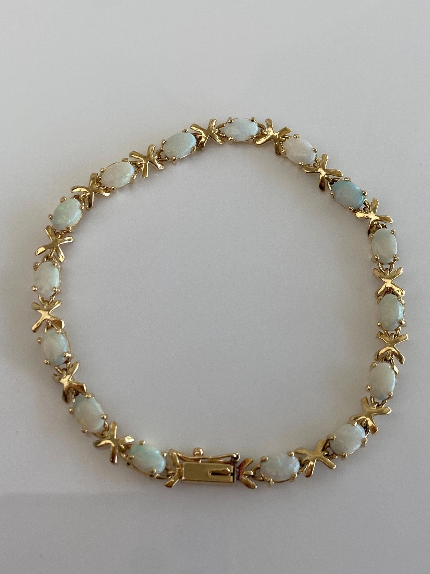 Vintage Solid 14k Yellow Gold Opal X Link Bracelet - 7.25 inches