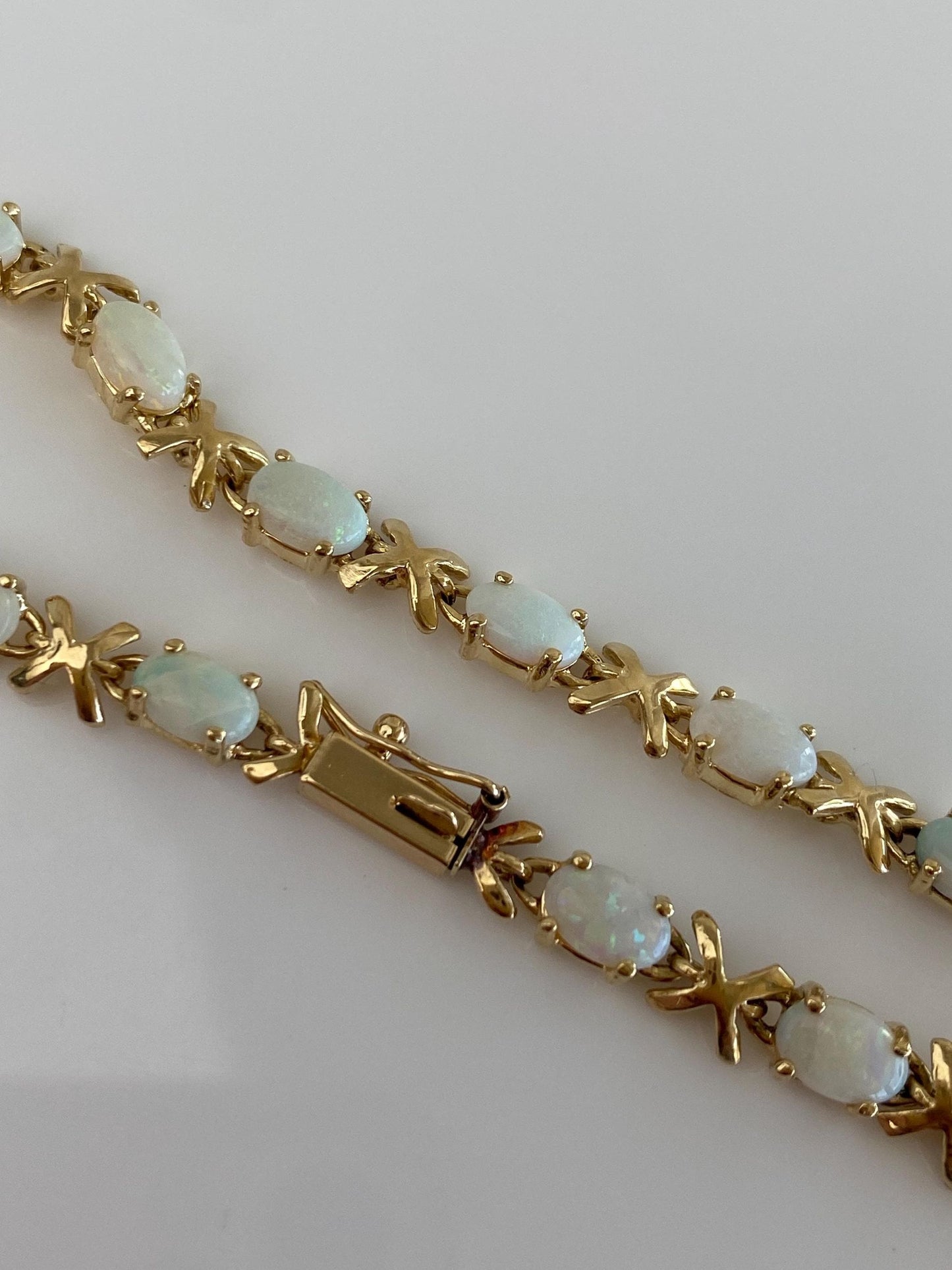 Vintage Solid 14k Yellow Gold Opal X Link Bracelet - 7.25 inches