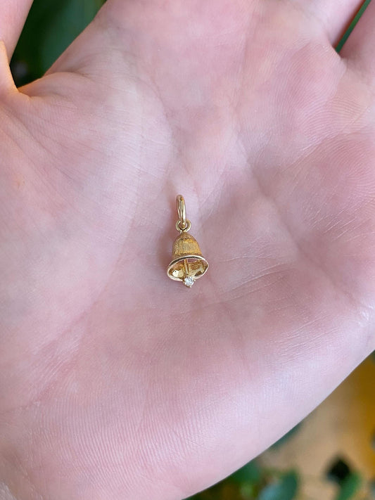 Vintage Solid 14k Yellow Gold Diamond Bell Charm