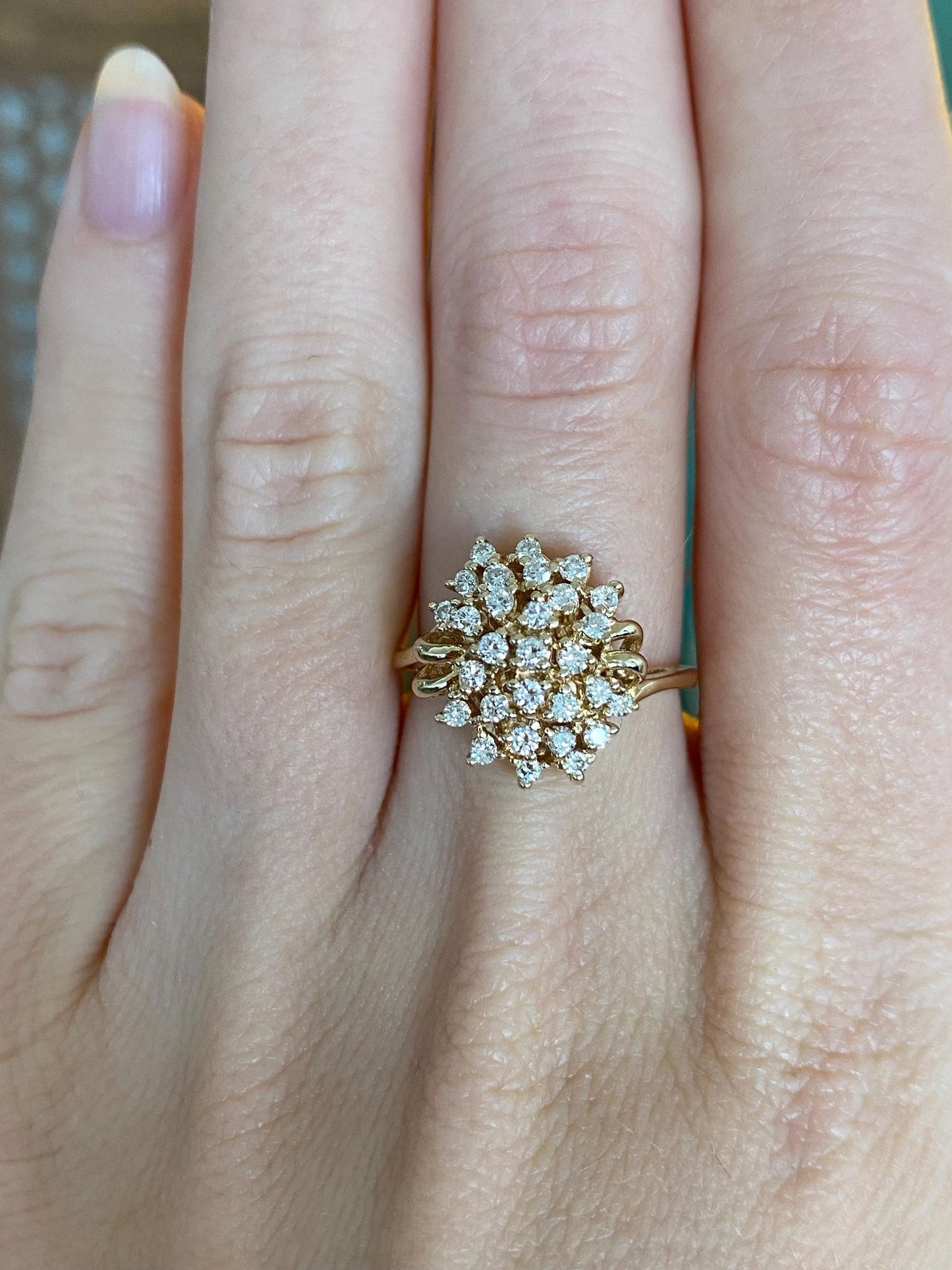 Vintage Solid 14k Yellow Gold Diamond Cluster Ring - Size 6.25