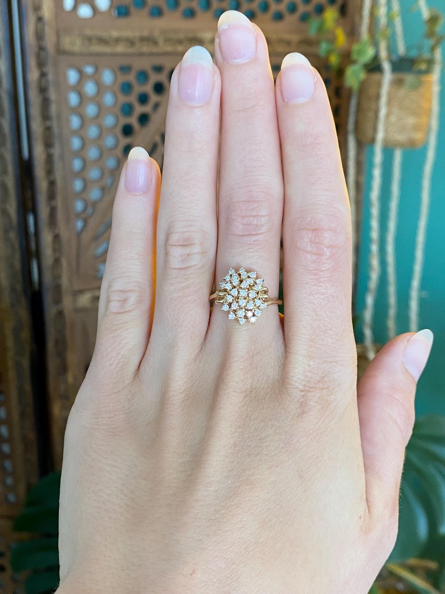 Vintage Solid 14k Yellow Gold Diamond Cluster Ring - Size 6.25