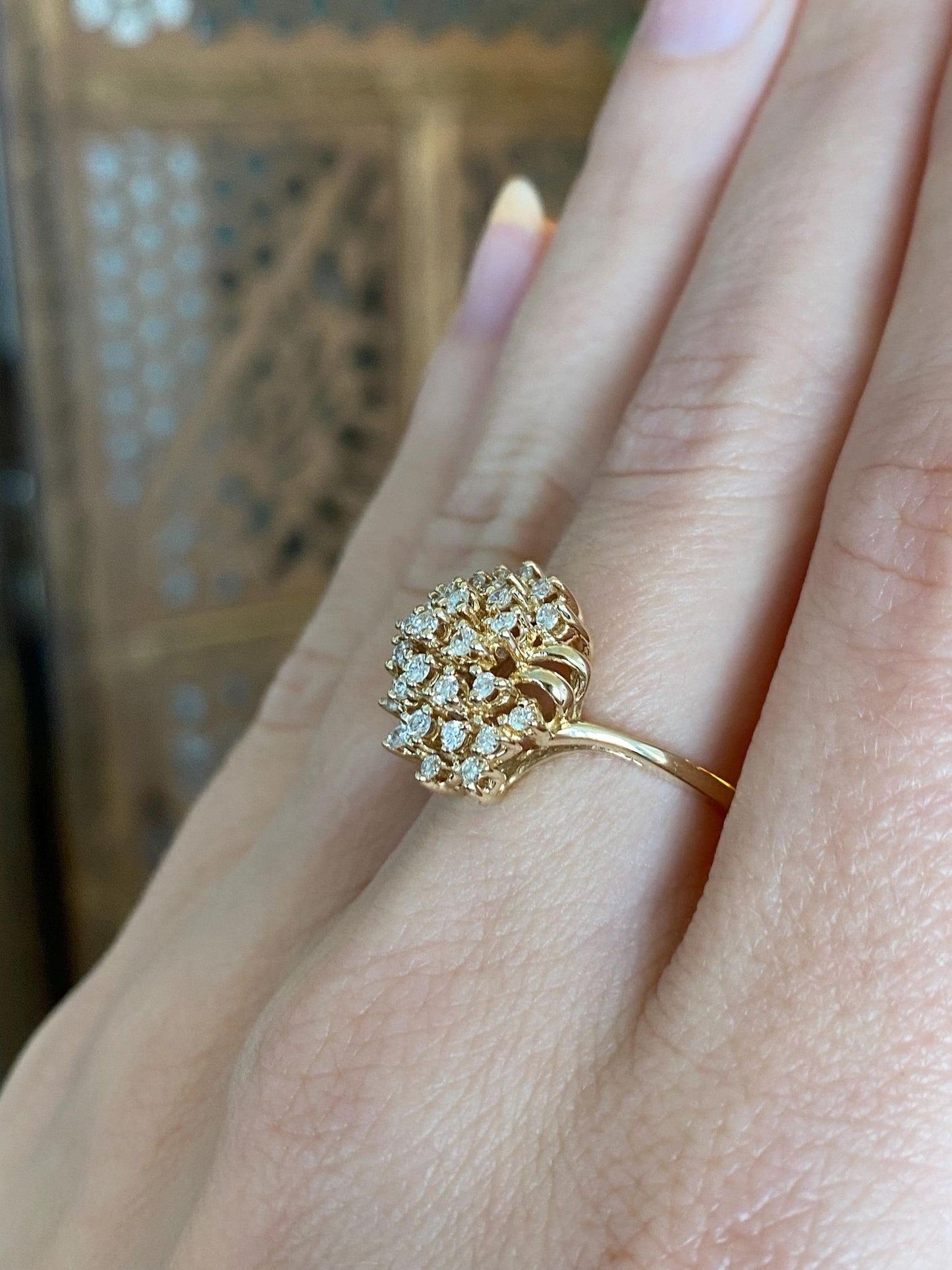 Vintage Solid 14k Yellow Gold Diamond Cluster Ring - Size 6.25