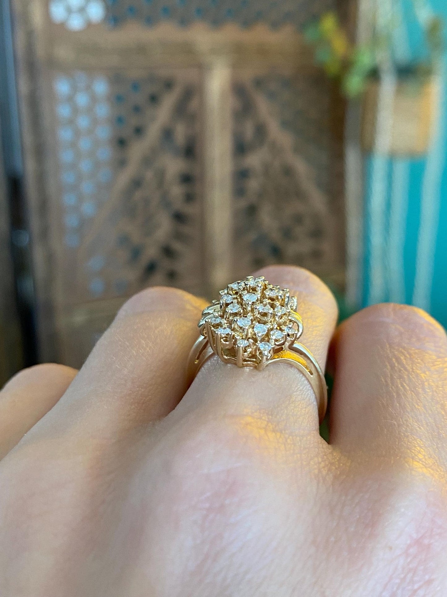 Vintage Solid 14k Yellow Gold Diamond Cluster Ring - Size 6.25