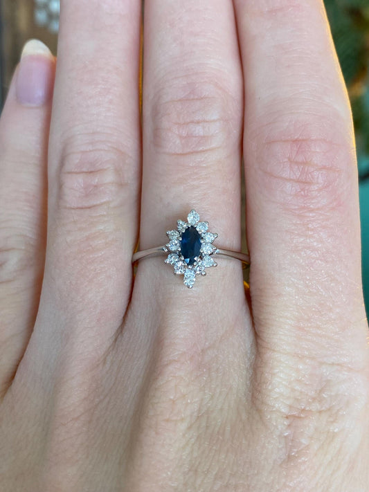 Vintage Solid 14k White Gold Diamond Halo Blue Sapphire Ring - Size 7.25