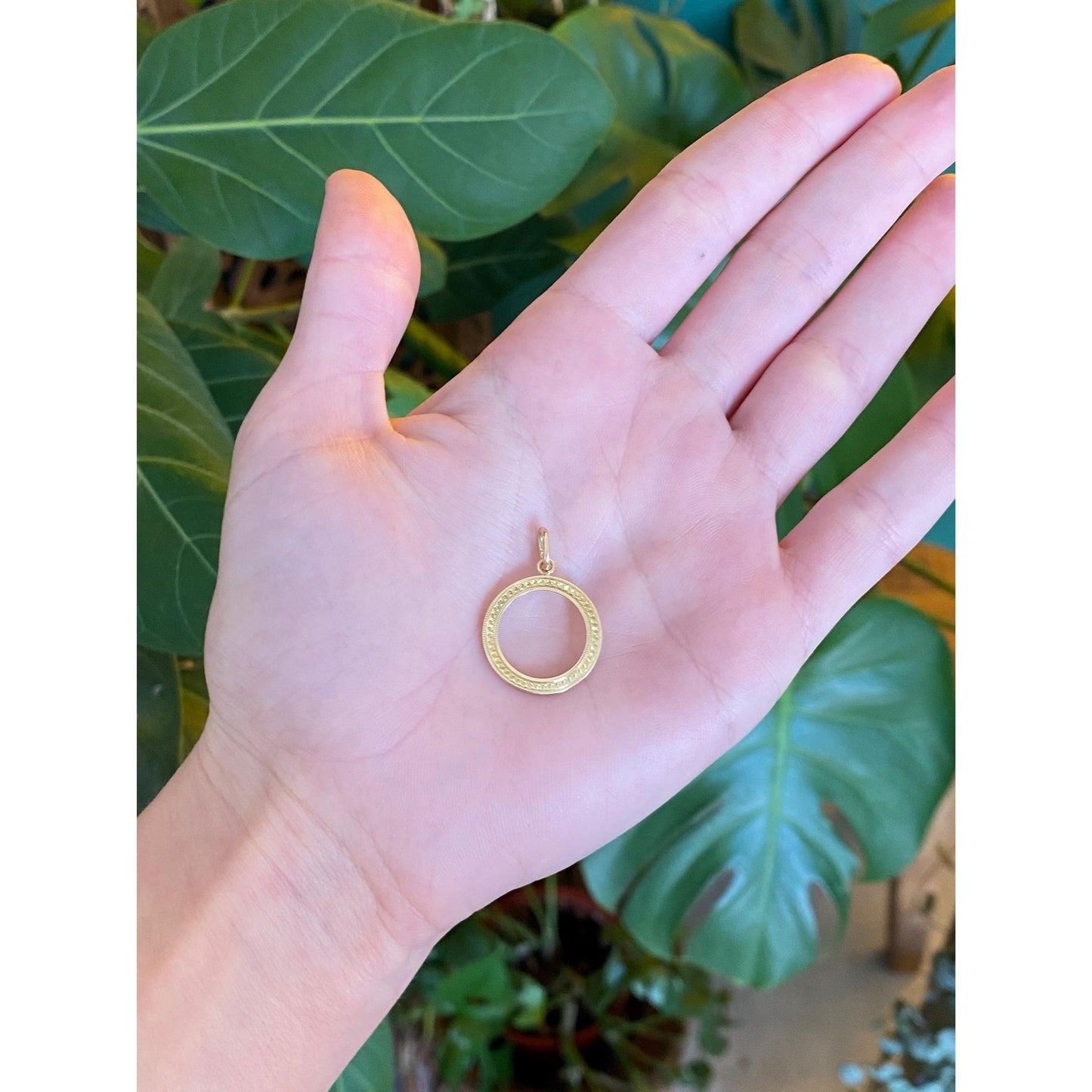 Solid 14k Yellow Gold Designed Open Circle Charm