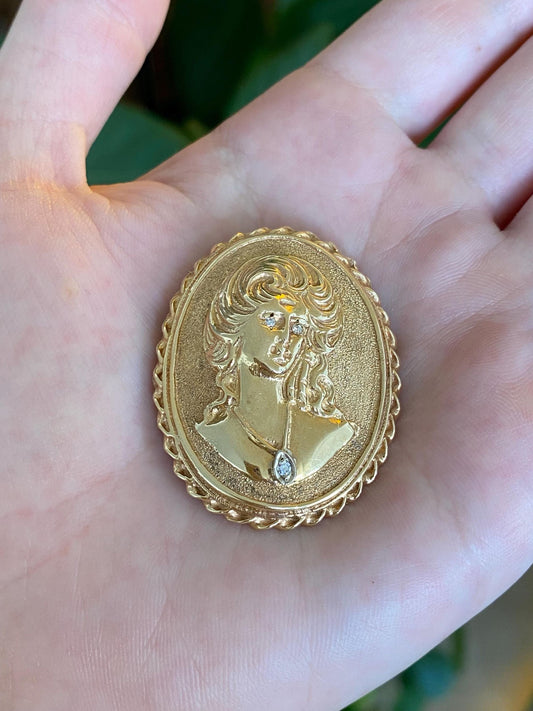 Vintage Solid 14k Yellow Gold Large Diamonds Lady Cameo Brooch Charm