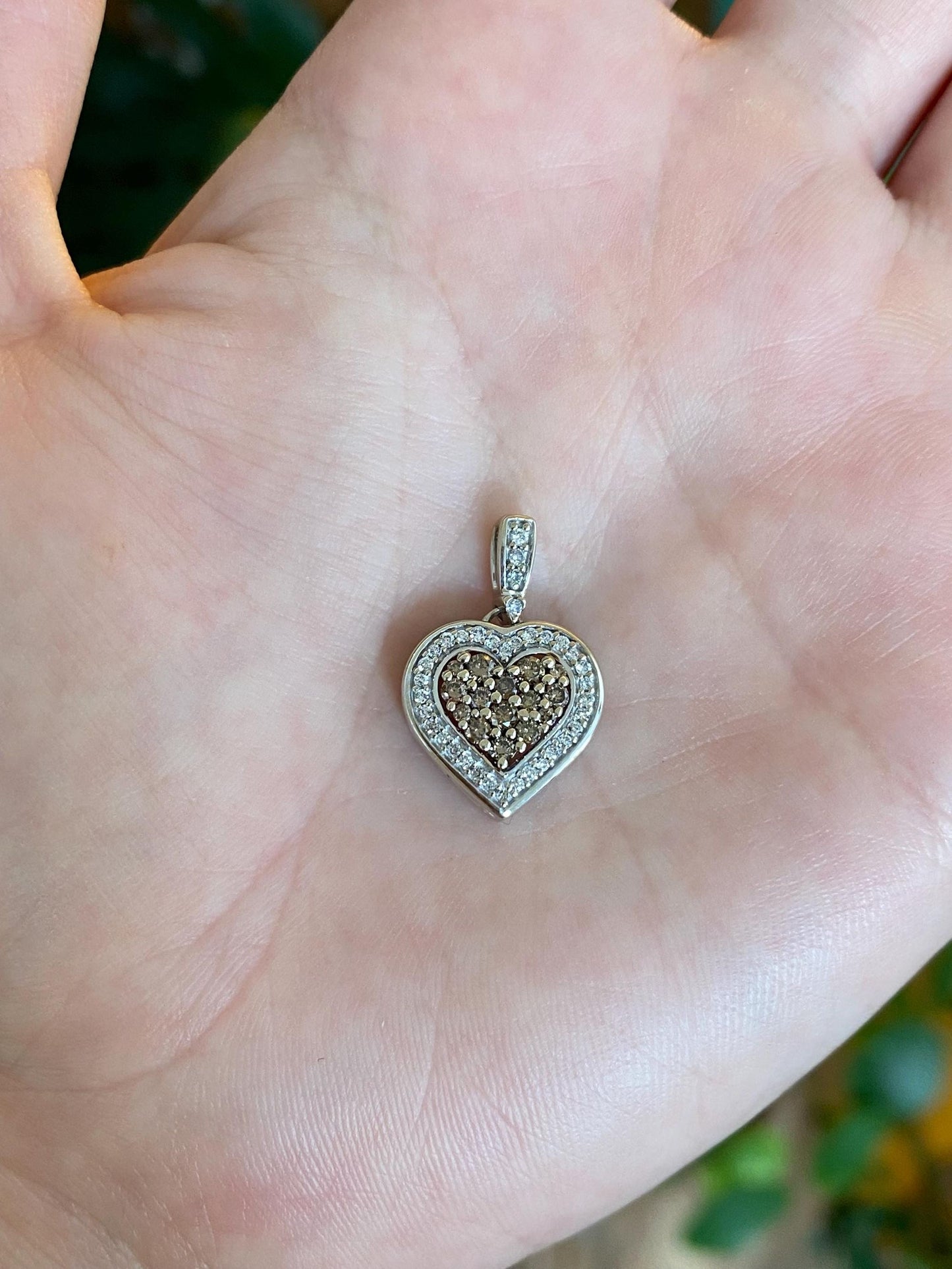 Vintage Solid 14k White Gold Brown & Clear Diamonds Heart Charm