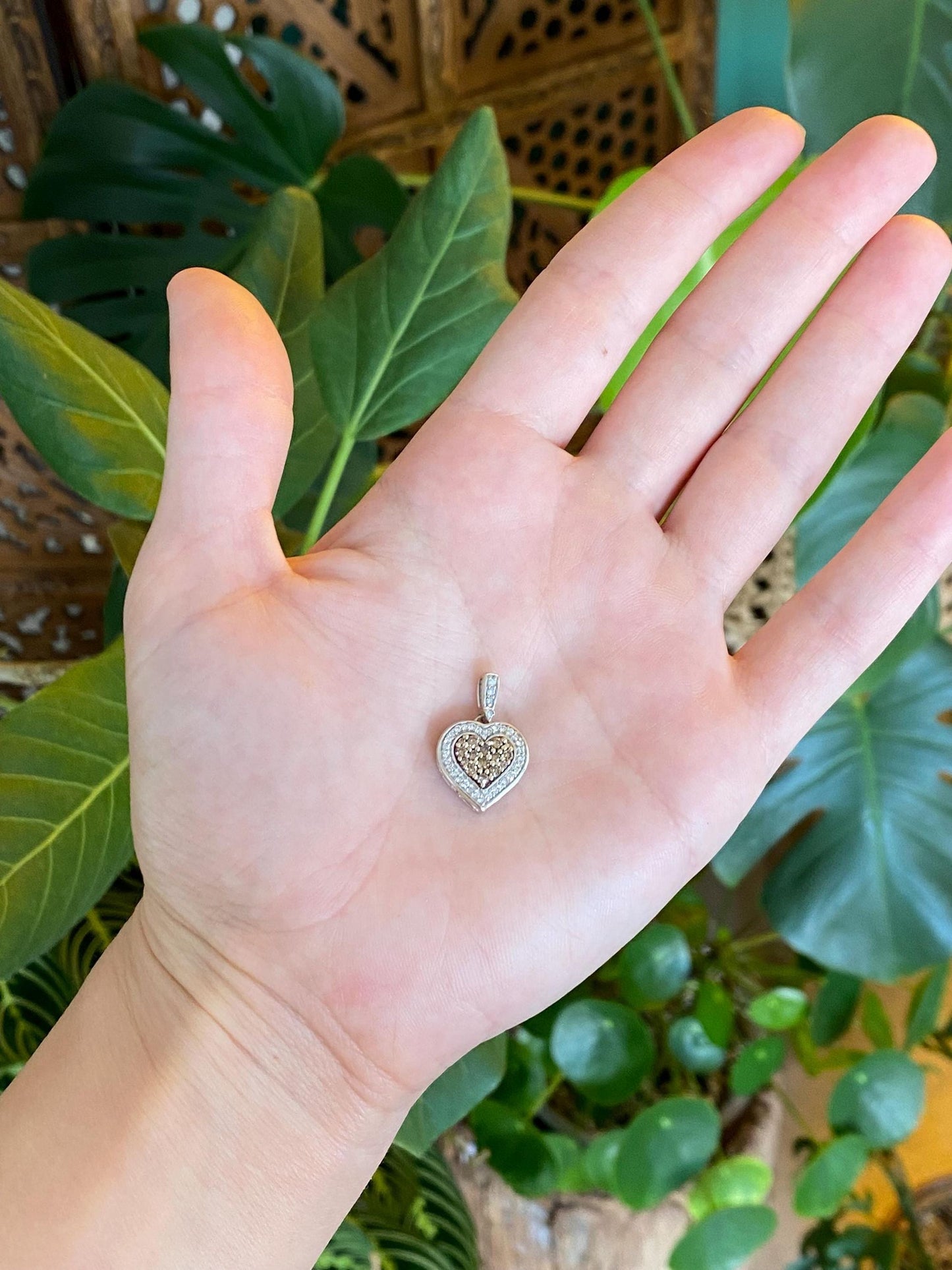 Vintage Solid 14k White Gold Brown & Clear Diamonds Heart Charm