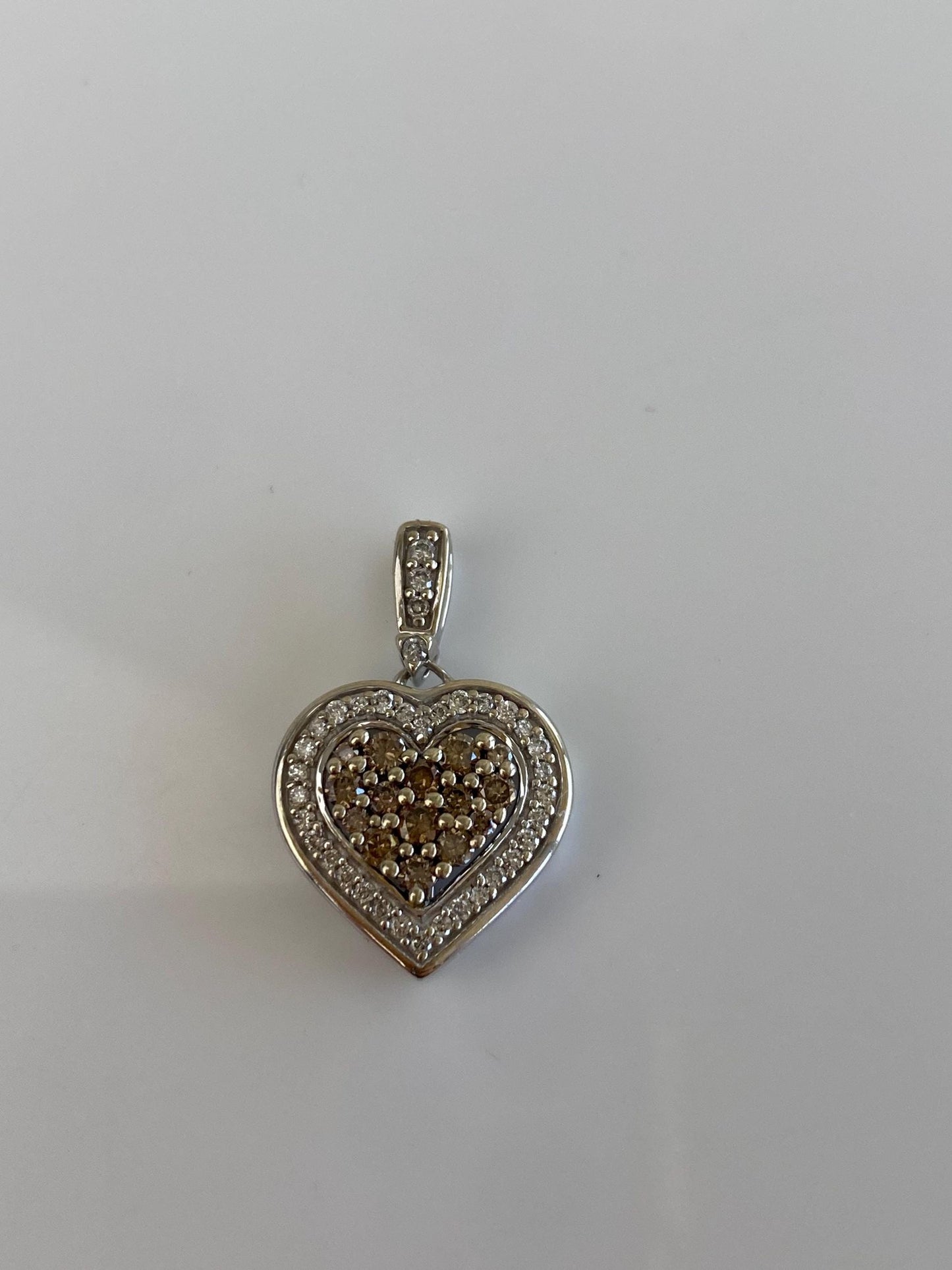 Vintage Solid 14k White Gold Brown & Clear Diamonds Heart Charm