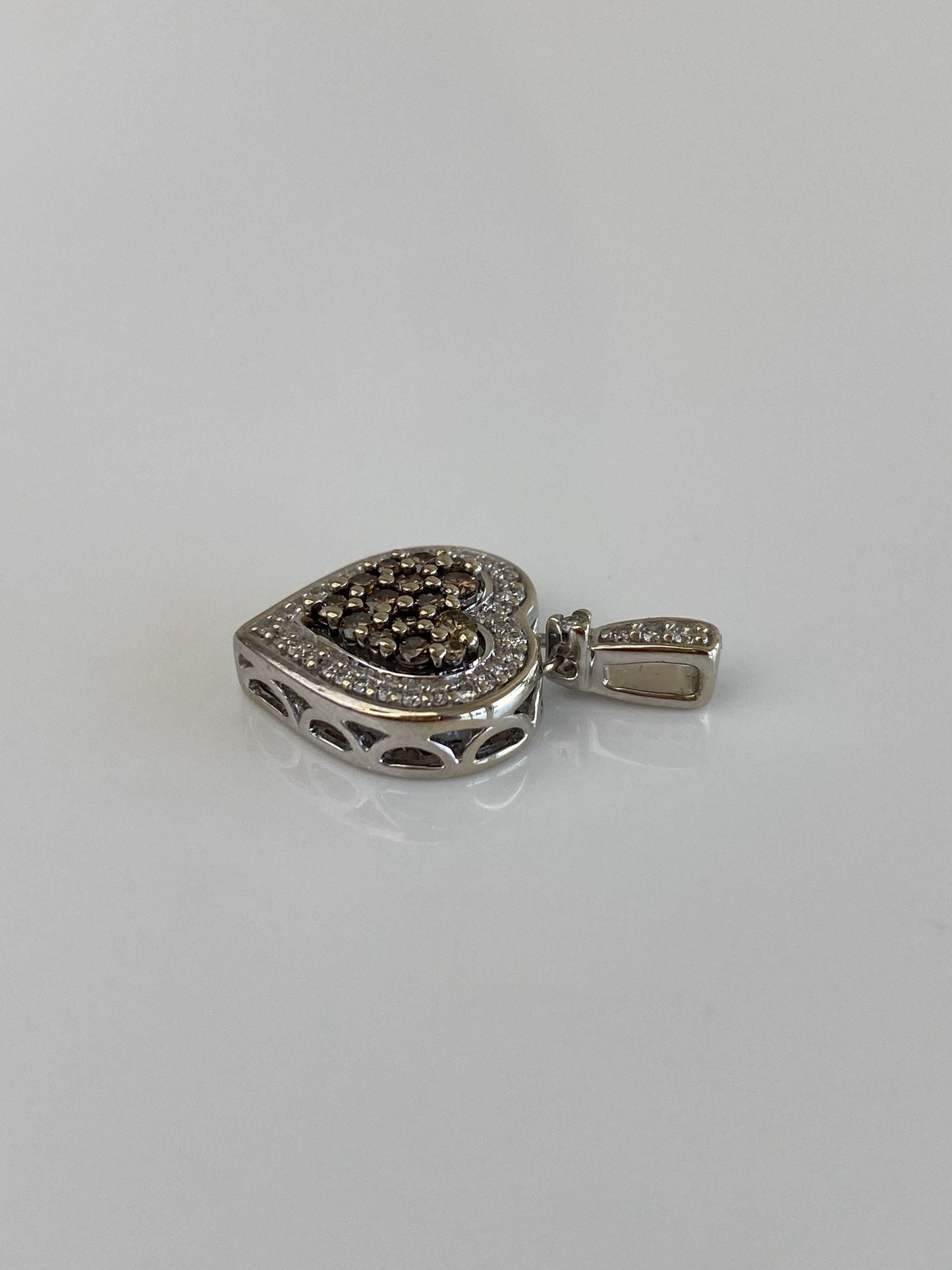 Vintage Solid 14k White Gold Brown & Clear Diamonds Heart Charm
