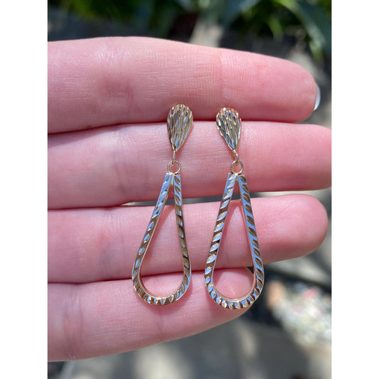 Vintage 14k Yellow Gold Diamond Cut Teardrop Dangle Stud Earrings