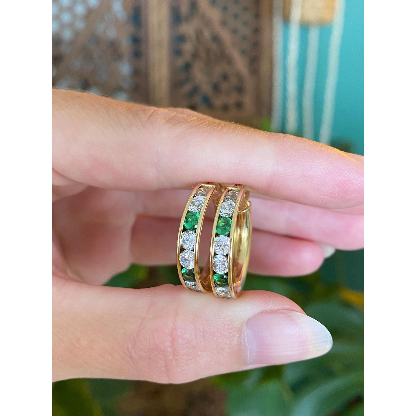 Solid 14k Yellow Gold Clear & Green Cubic Zirconia Hoop Earrings