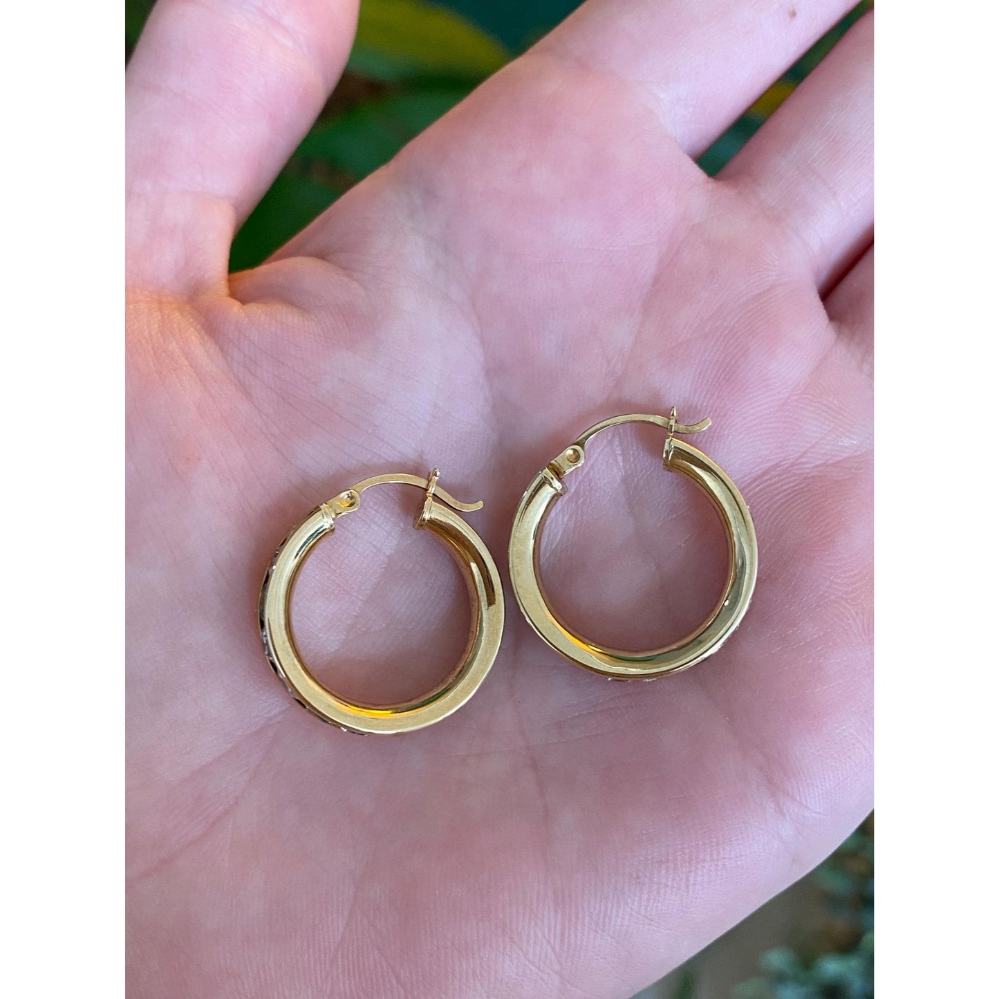 Solid 14k Yellow Gold Clear & Green Cubic Zirconia Hoop Earrings