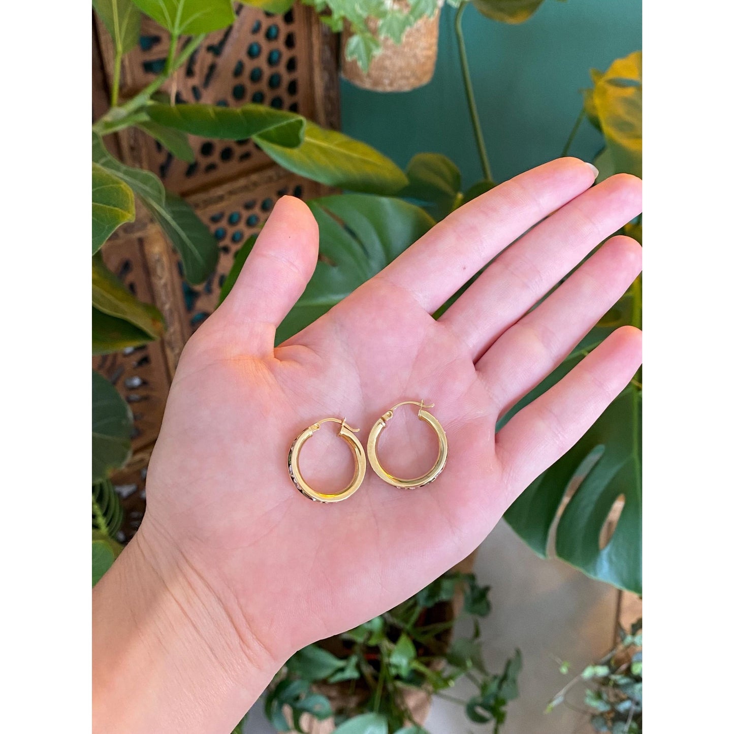 Solid 14k Yellow Gold Clear & Green Cubic Zirconia Hoop Earrings