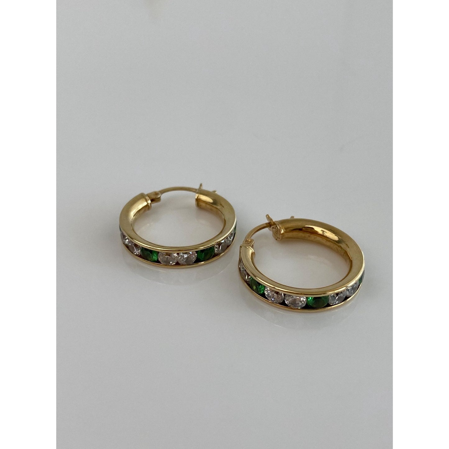 Solid 14k Yellow Gold Clear & Green Cubic Zirconia Hoop Earrings