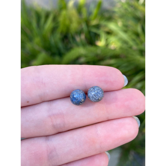 Vintage Solid 14k Yellow Gold Blue Lapis Lazuli Ball Stud Earrings