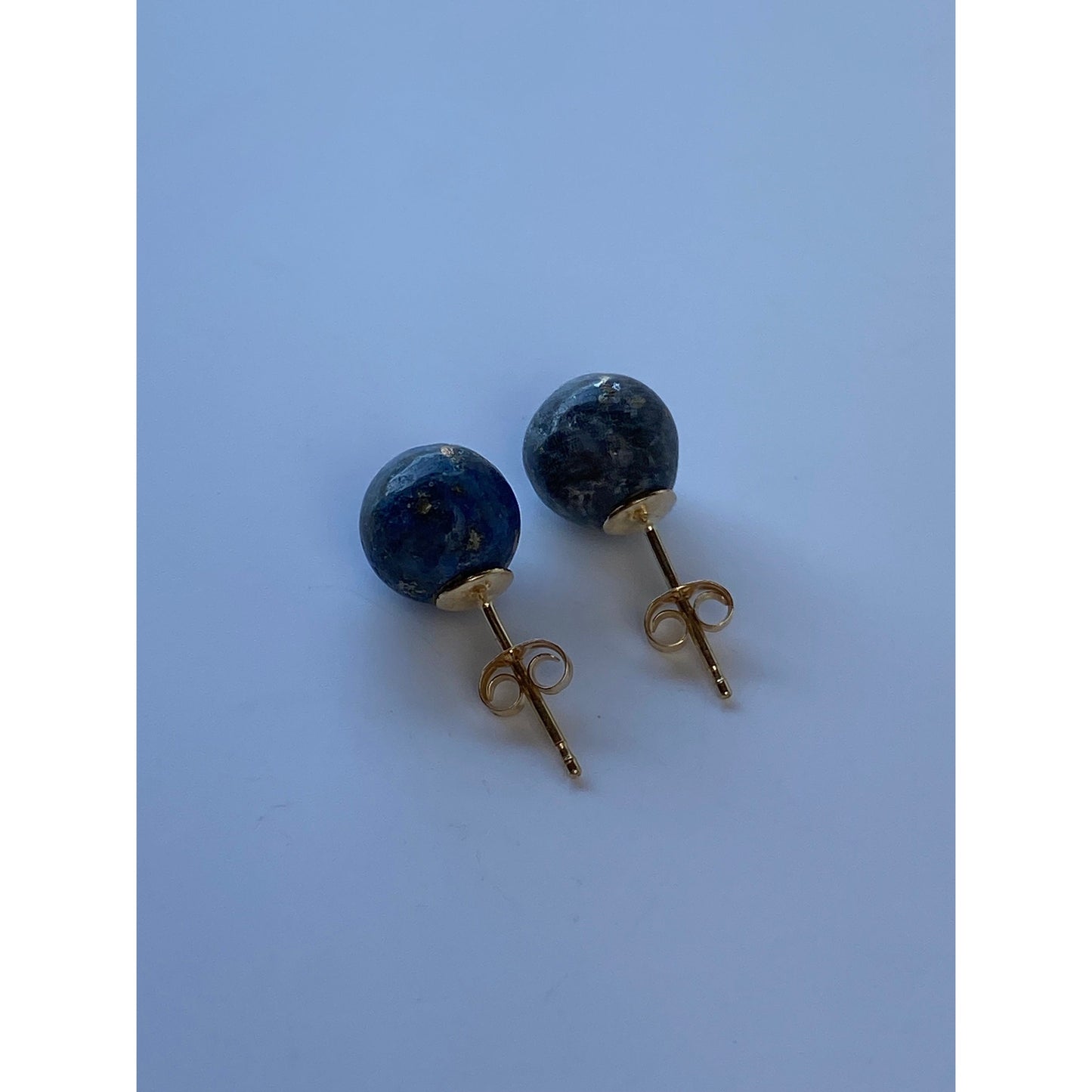 Vintage Solid 14k Yellow Gold Blue Lapis Lazuli Ball Stud Earrings