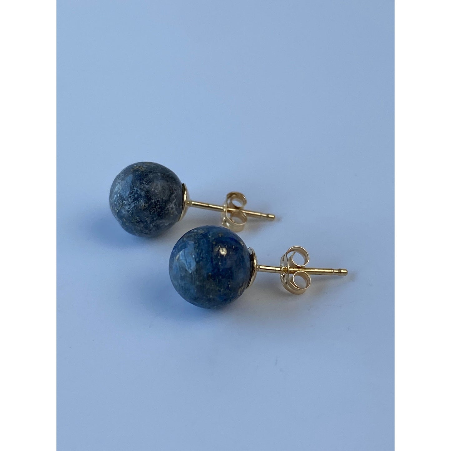 Vintage Solid 14k Yellow Gold Blue Lapis Lazuli Ball Stud Earrings