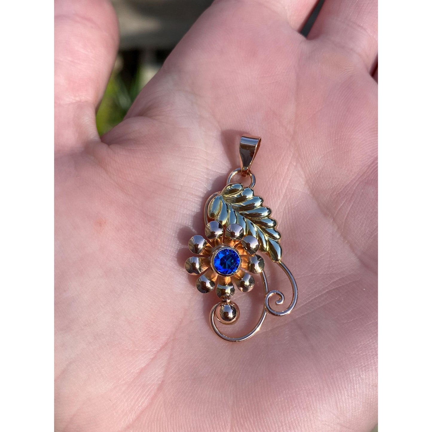 Vintage Solid 10k Rosey & Yellow Gold Blue Cubic Zirconia Floral Charm