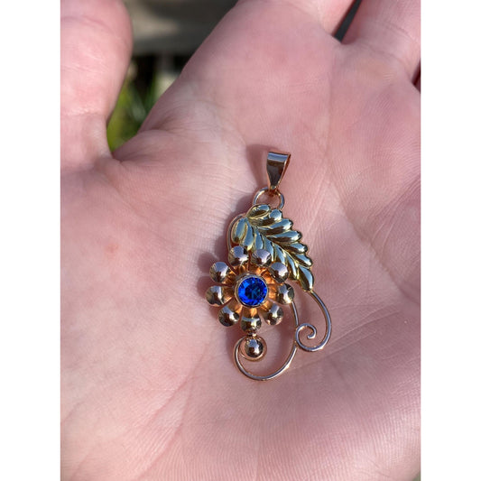 Vintage Solid 10k Rosey & Yellow Gold Blue Cubic Zirconia Floral Charm
