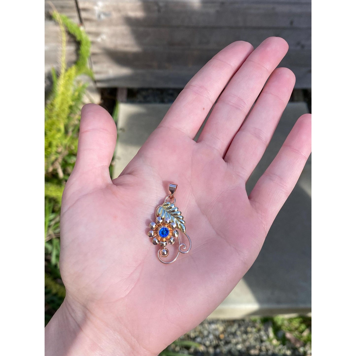 Vintage Solid 10k Rosey & Yellow Gold Blue Cubic Zirconia Floral Charm