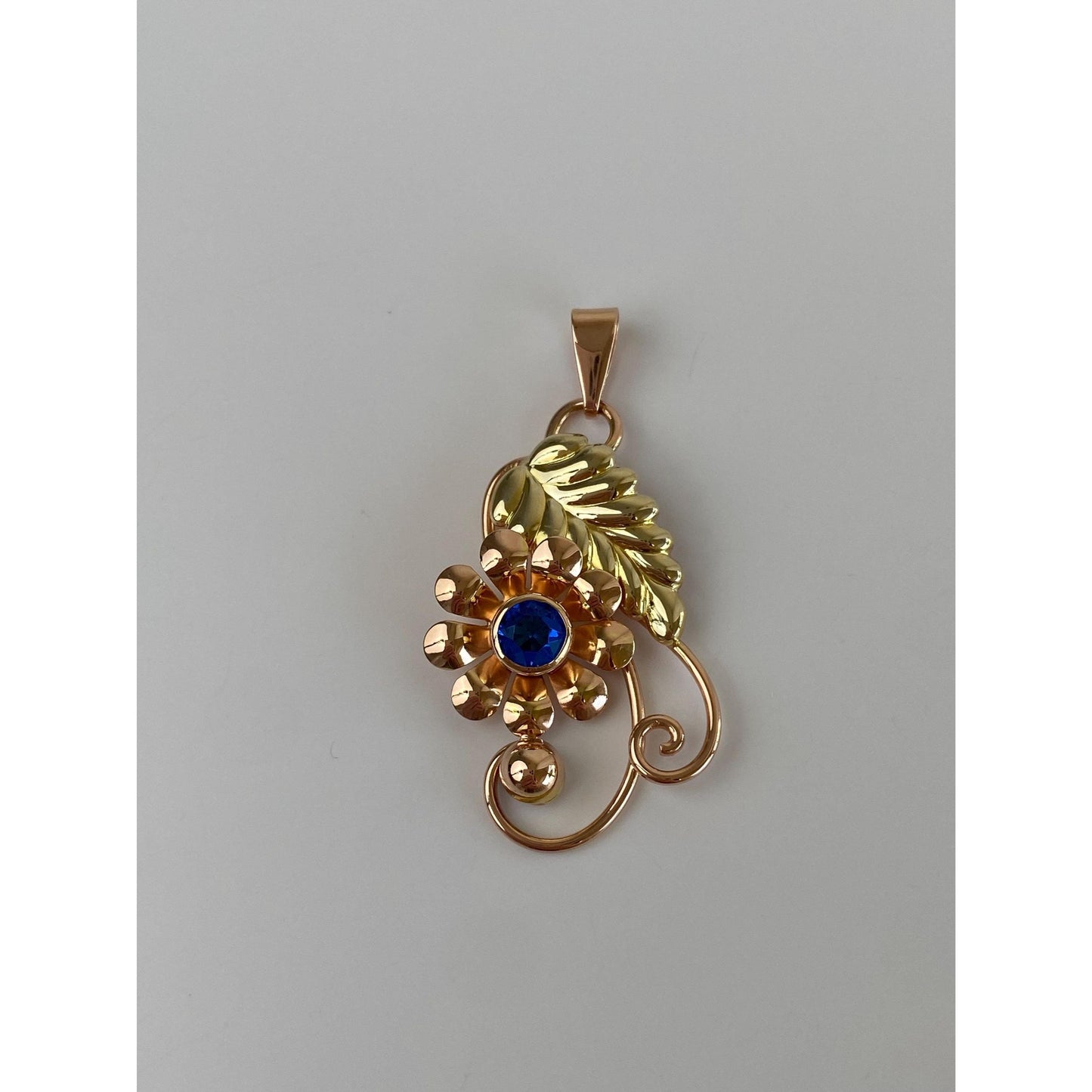 Vintage Solid 10k Rosey & Yellow Gold Blue Cubic Zirconia Floral Charm