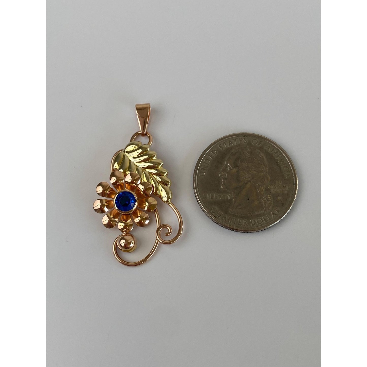 Vintage Solid 10k Rosey & Yellow Gold Blue Cubic Zirconia Floral Charm