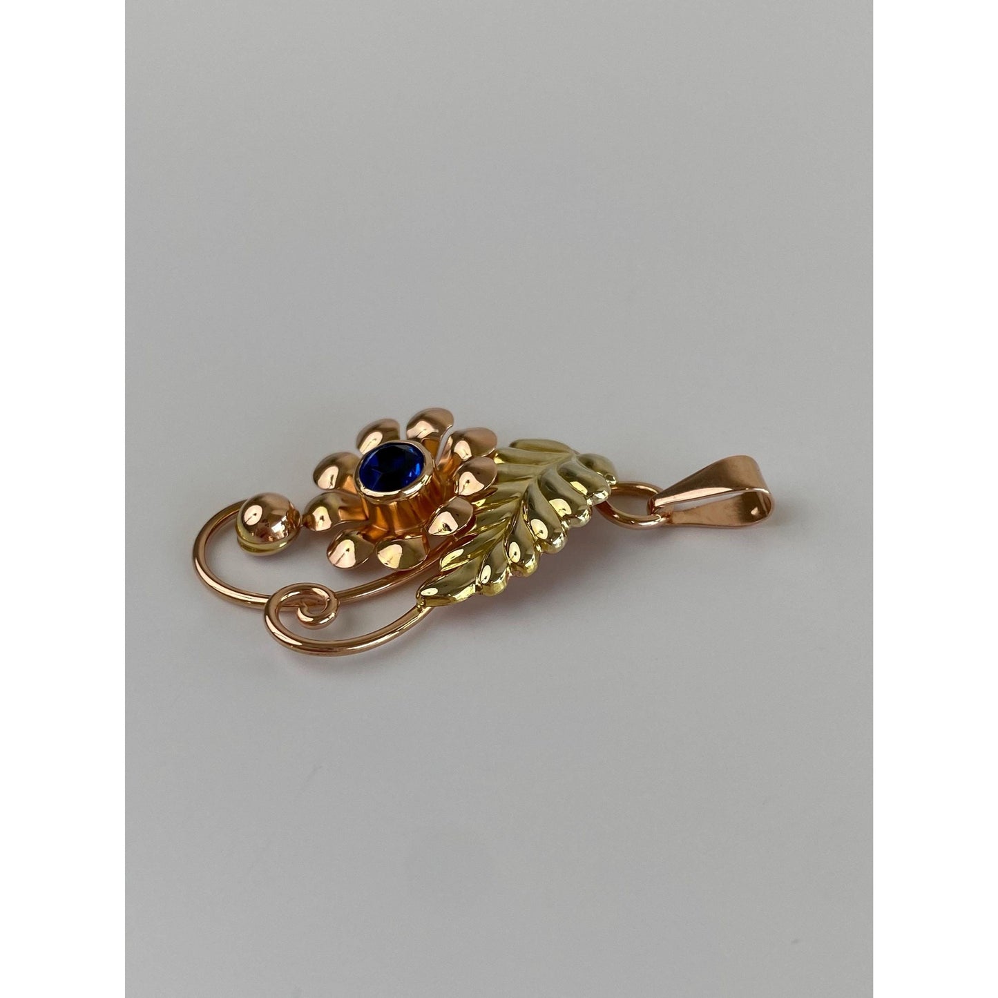 Vintage Solid 10k Rosey & Yellow Gold Blue Cubic Zirconia Floral Charm