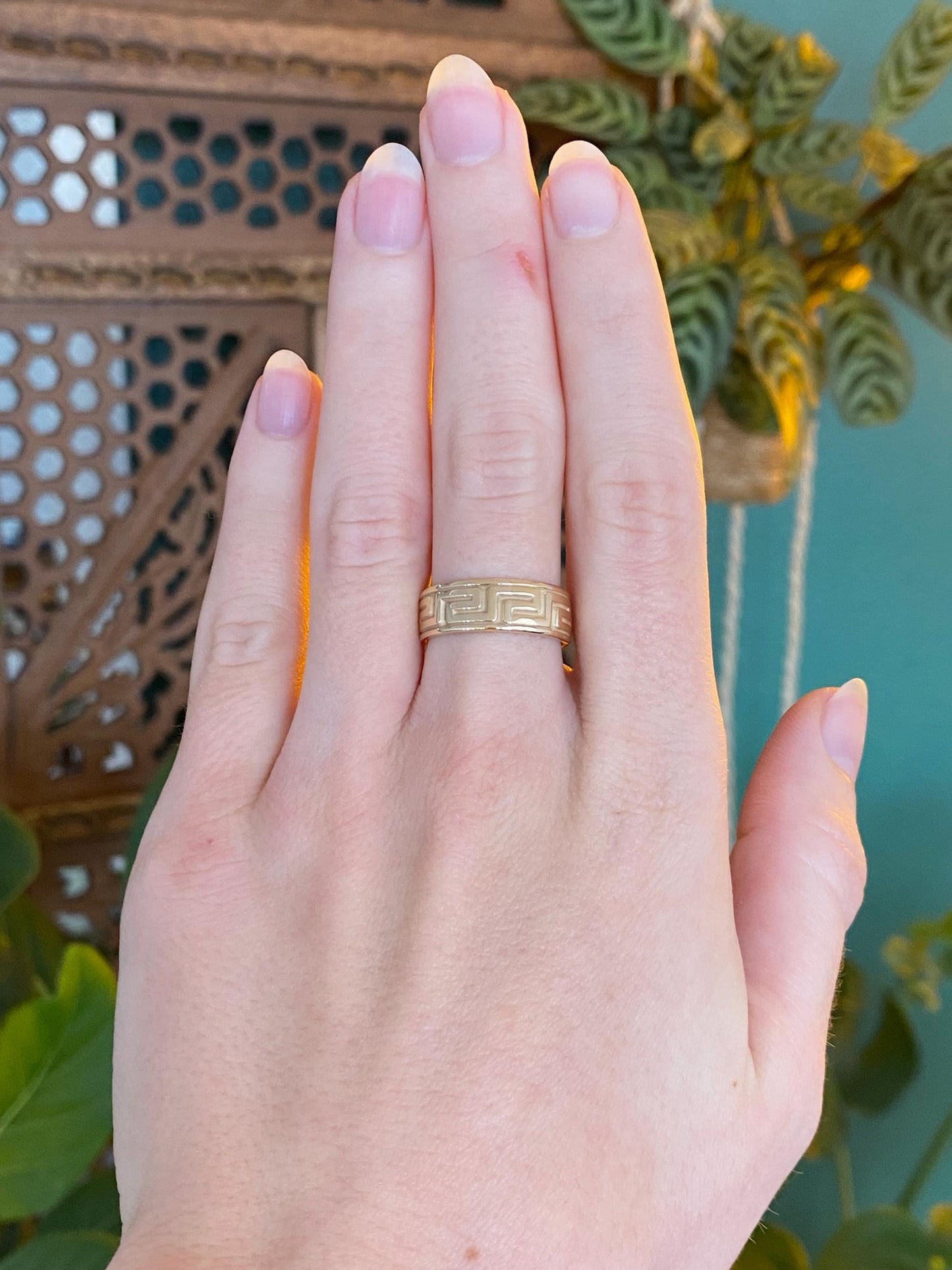 Vintage Solid 14k Yellow Gold Greek Key Ring Band - Size 6.5