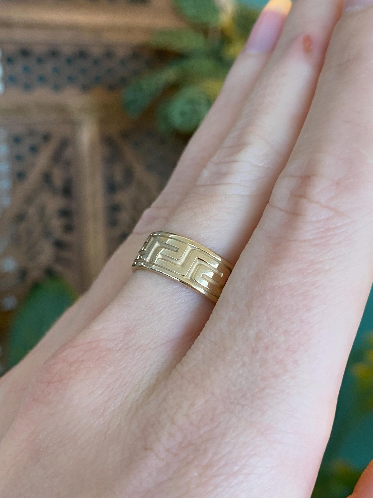 Vintage Solid 14k Yellow Gold Greek Key Ring Band - Size 6.5