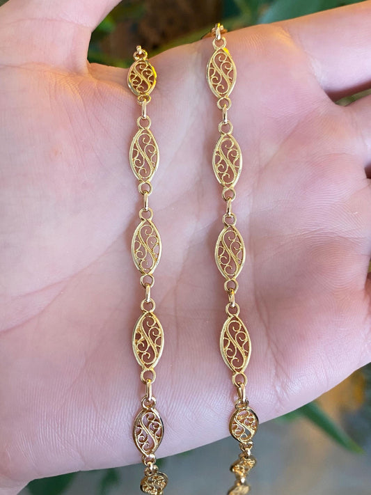 Vintage Solid 14k Yellow Gold Fancy Filigree Link Chain Necklace - 18 inches