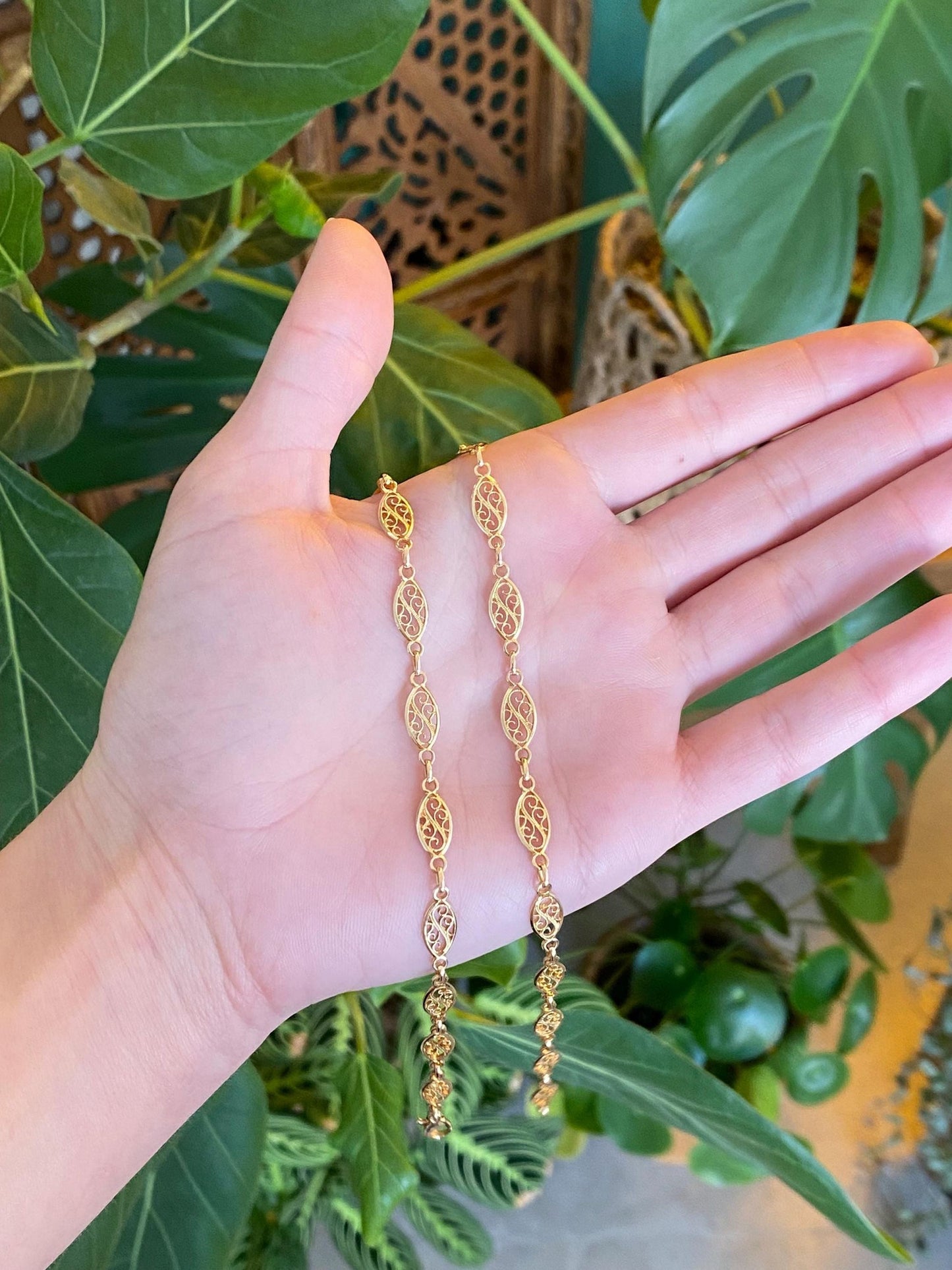 Vintage Solid 14k Yellow Gold Fancy Filigree Link Chain Necklace - 18 inches