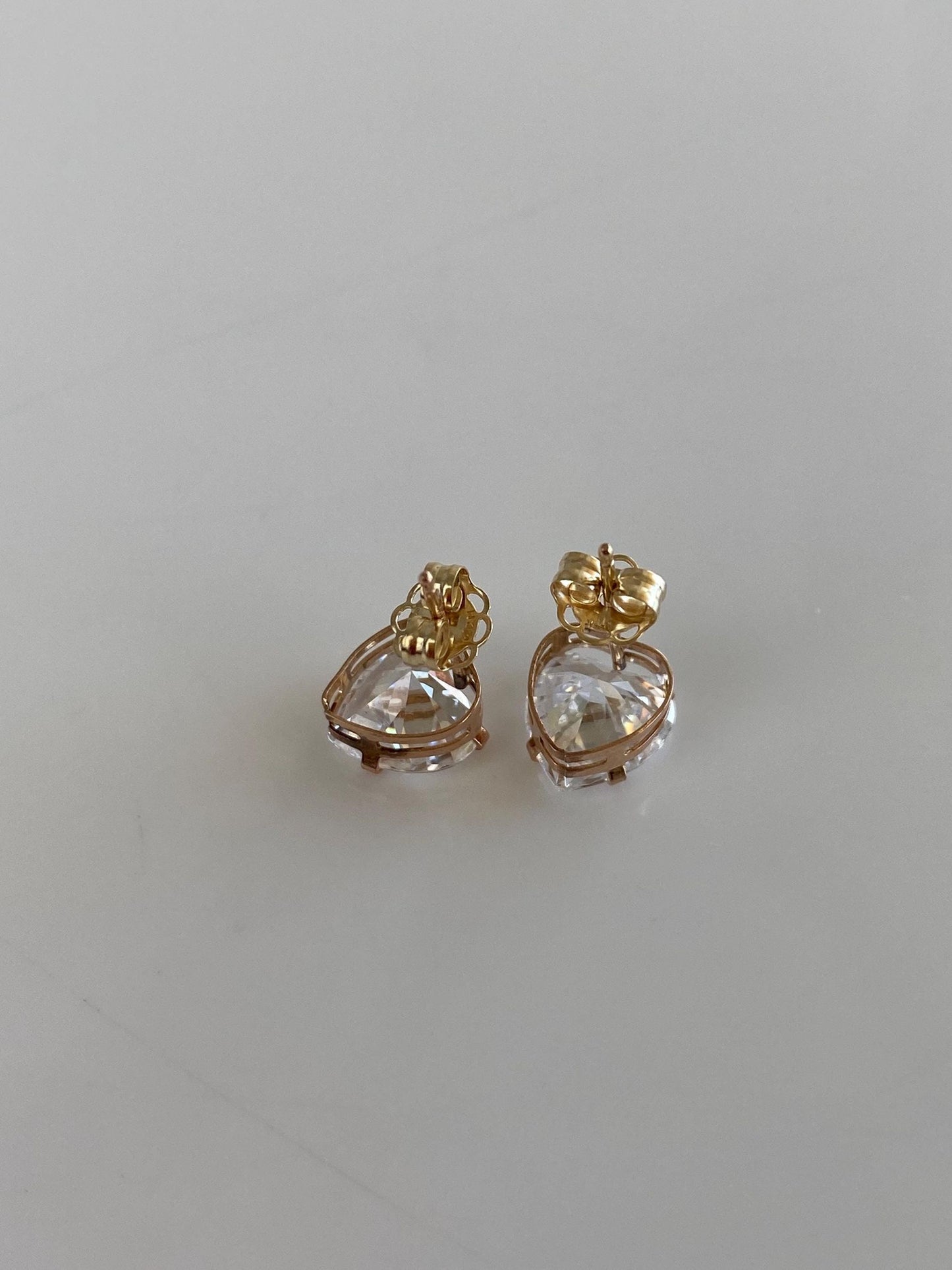 Solid 10k Yellow Gold Clear Cubic Zirconia Heart Stud Earrings